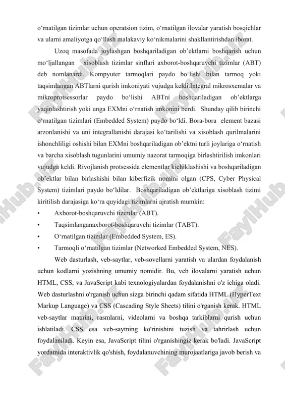 y qism. i. web dasturlash haqida tushuncha web dasturlash, veb-saytlar yoki veb ilovalarni yaratishning umumiy tushunchasini ifodalaydi. bu, brauzerlarda (browser) ishlov beradigan, internetga ulanish mumkin bo'lgan veb-saytlar, veb ilovalar yaratish jarayonini o'z ichiga oladi. internet - bu butun dunyo bo'ylab muloqot qilish va ma'lumot almashish imkonini beruvchi o'zaro bog'langan kompyuter tizimlarining global tarmog'idir. internet odamlarning muloqot qilish, o'rganish va biznes yuritish usullarini inqilob qildi.veb-dasturlash internet orqali kirish mumkin bo'lgan veb-ilovalar va veb-saytlarni ishlab chiqishni anglatadi. veb-dasturlash veb-brauzerda ko'rsatilishi mumkin bo'lgan veb-sahifalar, veb-ilovalar va boshqa onlayn tarkiblarni yaratishni o'z ichiga oladi. veb dasturlash html, css, javascript, php, python, ruby va java kabi turli xil dasturlash tillari yordamida amalga oshiriladi. ushbu tillarning har biri o'zining kuchli va zaif tomonlariga ega va tilni tanlash loyiha ehtiyojlariga bog'liq. veb-dasturlash interaktiv va foydalanuvchilarga qulay bo'lgan dinamik veb-saytlarni yaratishni o'z ichiga oladi. bu ma'lumotlarga ishlov beradigan, kontentni ko'rsatadigan va foydalanuvchilar bilan o'zaro aloqada bo'ladigan ilovalarni yaratish …