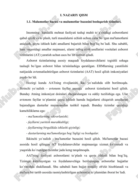 qarish tizimining tarkibiy qismi sifatida foydalanish. bunda hosil qilingan chiquvchi ma'lumotlardan tizimning boshqa elementlari faoliyatida ham qo`llaniladi. bunday aatga, masalan, axborot - o`qitish tizimlari, loyihalashtirishning avtomatlashtirilgan tizimlari, avtomatlashtirilgan boshqarish tizimlari misol bo`ladi. axborot tizimlarini bir qancha belgilarga ko`ra turkumlarga ajratish mumkin. 1-rasmda aatni turkumlashning asosiy belgilari ko`rsatilgan. hujjatli axborot qidirish tizimi (haqt) hujjatlashtirilgan ma'lumotlarni saqlash va qayta ishlashni amalga oshiradi. kutubxona faoliyatining avtomatlashtirilgan tizimi haqt ga misol bo`ladi. faktografik axborot qidirish tizimi (faqt) raqmli va mantli ma'lumotlarni saqlashda va qayta ishlashda qo`llaniladi. tashkil qilinayotgan aatning asosiy qismi faqt turidagi tizimga misol bo`ladi. ma'lumotlarni ishlash usuliga ko`ra aat ikki qismga: axborot -ma'lumotnoma tizimi (amt) va ma'lumotlarni ishlashning avtomatlashtirilgan tizimi (miat)ga bo`linadi. att haqt ma'lumotlarni saqlash ma'lumotlarni ishlash ma'lumotlar integratsiyasi taqsimlash faqt amt miat afaat mb lokal taqsimlangan 1-rasm. aatning turkumlanishi amt talab-javob tartibida ishlaydi. bunday tizimda tegishli axborotlar talab bo`yicha qidiriladi va foydalanuvchiga qayta ishlamagan holda beriladi. ikkinchi turdagi tizimda esa …
