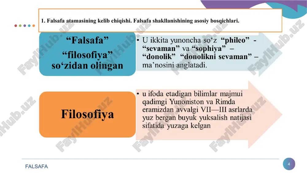 afiy ta’limotdir. materializm - falsafa falsafa - umuminsoniy fan sifatida, bir tomondan, umumbashariy muammolarni qamrab olsa, ikkinchi tomondan, shu masalalar bilan shug‘ullanayotgan aniq shaxs - faylasuf mansub millatning muayyan manfaatlarini ham ifodalaydi. * 4. hozirgi davr o`zbek falsafasining asosiy masalalari va ularni o`rganish vazifalari. * sinfiy va partiyaviy prinsip asosiy mafkuraviy mezonga aylantirildi; totalitar siyosiy tuzum manfaatlariga xizmat qilgan marksistik falsafa taraqqiyot talablariga zid fikr yuritishni talab qildi, aqidaparastlik, avtoritar tuzum g`oyalarini targ`ib qilish falsafaning yagona maqsadi bo`lib qoldi; falsafaning jamiyat taraqqiyoti, inson bilimlari ma`naviy yuksalishidagi o`rni, ahamiyati ongli ravishda toraytirildi. eng muhimi, milliy falsafa va uning boy merosini erkin o`rganish va o`zlashtirishga keskin qarshilik qilib kelindi. * * * * tayanch tushunchalar falsafa - atamasi qadimgi yunoncha “filosofiya”dan kelib chiqqan bo‘lib, “phileo – sevaman va sophia – donishmanlik” so`zlaridan yasalgan, aynan “donishmandlikni sevish” ma’nosini bildiradi. monizm - olamning asosida yagona, bitta ibtido, boshlang`ich asos turishini e`tirof etadigan falsafiy konsepsiya …