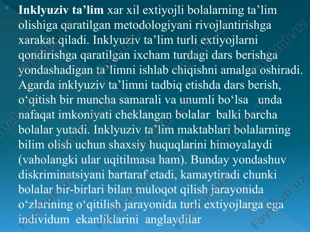 a targ‘ibat-tashviqot ishlarini olib borish eng birinchi galdagi masaladir. inklyuziv ta’limning barcha uchun ochiq bo‘lishi tamoyili o‘tgan yigirma yil davomida maxsus ehtiyojli bolalrni umumta’lim muassasalari tizimida o‘qitish borasida sezilarli ishlar amalga oshirildi. ammo inklyuziv ta’limi tizimini joriy qilish asosan shaharlar miqiyosida bo‘lib qishloqlardagi hududlarda hali-hamon maxsus ehtiyojli bolalar ta’limdan chetda qolib ketmoqda yoki qishloqlardagi ota-onalar nogiron farzandini shaharlardagi maxsus muassasalarga qatnashlarini ta’minlash uchun qiyinchiliklarga duch kelmoqdalar. shuning uchun ham maxsus ehtiyojli bolalarni inklyuziv ta’limga jalb etish barcha hududlarda barcha maxsus ehtiyojli bolalarni qamrab olgan bo‘lishi ta’minlanishi lozim bog‘lanishning mavjud bo‘lishi tamoyili “bog‘lanish”-bu so‘zning zaminida-ommaviy binolarning sifati, ayniqsa nogiron bolalar uchun maktablarga kirishning oson bo‘lishi kabilar yotadi. bola maktab binosiga (zinapoyalar aravachada yurishga moslashtirilmaganligi sababli) kira olmaganmi yoki maktab xojatxonasi aravachada harakatlanuvchilarga moslashtirilmaganligi uchun oddiy maktabdan chiqarib tashlamasligi kerak. bu kabi qulayliklarni yaratish unchalik katta mablag‘ talab qilmaydi. yangi maktab binosi nogiron bolalarning ehtiyojlarini e’tiborga olgan holda rejalashtirilgan paytdan boshlab qurilishi …