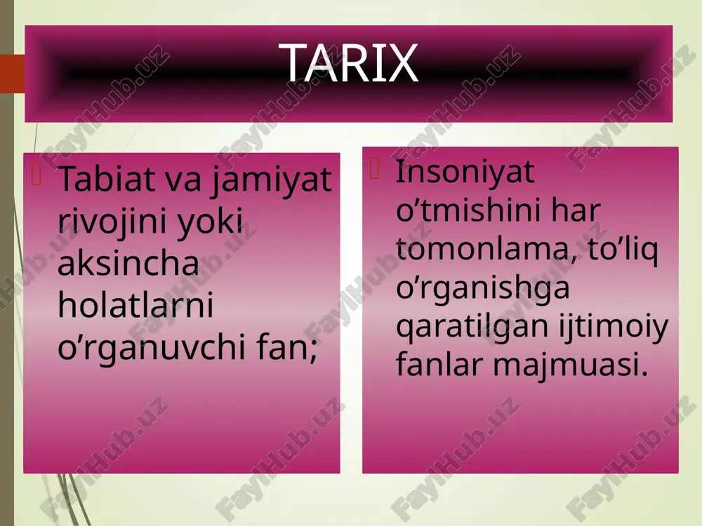tarixining chegarasi va davrlashtirilishini ancha murakkablashtirdi. o’zbekiston tarixini davrlashtirish qadimgi davr o’rta asrlar so’nggi o’rta asrlar mustamlaka davri sovet davri (mustamlaka) o’zbekiston tarixi davri inson paydo bo’lganidan.– milodiy v asrgacha. v- xvi a. xvi- xix asrning birinchi yarmi xix asrning ikkinchi yarmi – 1917 y. 1917 - 1991 1991-y. – bugungi kunga qadar ibtidoiy – jamoa tuzumi; davlatchilikning shakllanishi va rivojlanishi. qadimgi davr: davrlar: tosh davri – 3-2 mln. yil avvaldan – m.av. 3 ming yilgacha bronza davri - m.av. 3 – 1 ming yilgacha temir davri - m.av. 1 ming yildan. – milodiy 1 asrgacha ibtidoiy jamoa davri tarixi tosh davri bronza davri (jez) temir davri paleolit mezolit neolit eneolit ilk – ashell o'rta – muste so'nggi – orinyak, solyutre, madlen o’rta asrlar ilk o’rta asrlar rivojlangan o’rta asrlar so’nggi o’rta asrlar iv-ix asrlar. iv- xv asrning oxiri. xvi- xix asrning o’rtalari yangi davr: mustamlaka davri sovet davri xix …