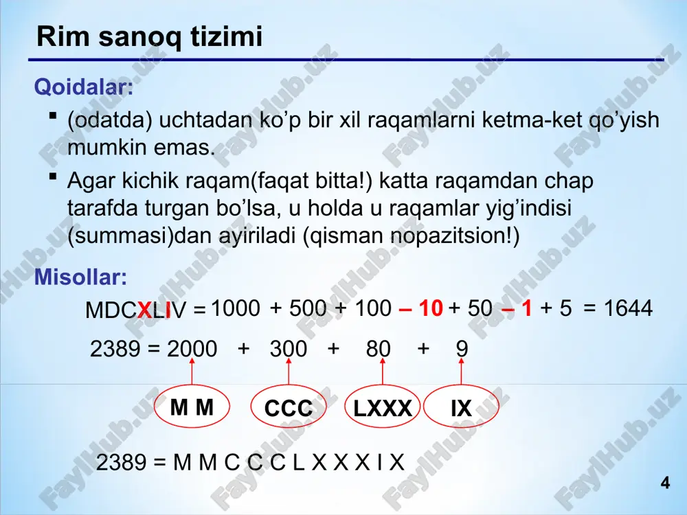 2 + 12·161 + 5·160 = 256 + 192 + 5 = 453 a, 10 b, 11 c, 12 d, 13 e, 14 f 15 b c 16 6 96 11 16 0 0 6 * * * * o’noltilik sanoq sistemasi x10 x16 x2 x10 x16 x2 0 0 0000 8 8 1000 1 1 0001 9 9 1001 2 2 0010 10 a 1010 3 3 0011 11 b 1011 4 4 0100 12 c 1100 5 5 0101 13 d 1101 6 6 0110 14 e 1110 7 7 0111 15 f 1111 * * * * ikkilikga o’tkazish 16 10 2 2 ta amal 16 = 24 7f1a16 = 7 f 1 a 0111 { { 1111 0001 10102 { { har bir o’noltilik raqamni to’rt ta ikkilik raqam ko’rinishida yozish mumkin (tetrada)! ! * * * * ikkilikga o’tkazish 16 10 2 2 ta amal …