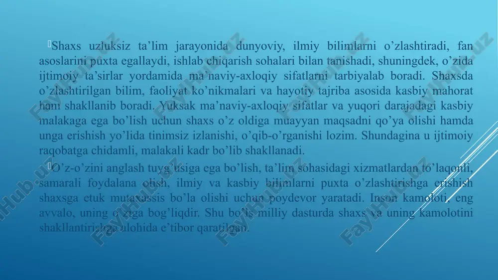ega shaxs va malakali kadr sifatida kamol topib boradi. unda muayyan dunyoqarash shakllanadi. o’zbekiston respublikasida uzluksiz ta’lim davlat ta’lim standart-lari hamda o’quv dasturlari talablariga muvofiq tashkil etiladi. uzluksiz ta’lim quyidagi ta’lim turlarini o’z ichiga oladi: maktabgacha ta’lim; umumiy o’rta va o’rta maxsus ta’lim; kasb-hunar ta’limi; oliy ta’lim; oliy o’quv yurtidan keyingi ta’lim; kadrlarni qayta tayyorlash va ularning malakasini oshirish; maktabdan tashqari ta’lim. fan yuqori malakali mutaxassisni tayyorlovchi va ulardan foydalanuvchi, ilg’or pedagogik va axborot texnologiyalarini ishlab chiqaruvchi bo’lib, «kadrlar tayyorlash milliy tizimida tabiat va jamiyat taraqqiyoti qonuniyatlari to’g’risidagi yangi fundamental va amaliy bilimlardan foydalanishni, yuqori malakali ilmiy va ilmiy-pedagog kadrlar tarkibini shakllantirishni, ulardan ta’lim tizimida unumli foydalanishni, shuningdek, kadrlar tayyorlash jarayonining ilmiy tadqiqotlar infrastrukturasini yaratish, ta’limning axborot tarmoqlarida foydalanish uchun bilimning turli sohalari bo’yicha axborot bazasini shakllantirishni hamda ilmiy tadqiqotlar darajasiga yangicha qarashlar zamirida yosh olimlarning, ilmiy-pedagogik xodimlarning ijtimoiy mavqei va obro’sini oshirishni va shu kabilarni qamrab oladi». ta’lim sohasida …