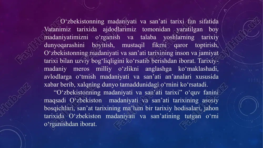 i. kishilik jamiyatini beqiyos ko‘lamga ega bo‘lgan va doimiy ravishda o‘zgarib boruvchi ma’lumotlarni muayyan tartibga solishga yordam beruvchi, umumlashtiruvchi tushunchalarga bo‘lgan extiyoji madaniyat tushunchasini keng tarkalishiga sabab bo‘ldi. qadimgi rimda «madaniyat» tushunchasi «hayotni ma’naviy jihatdan yanada yaxshilashga va tozalashga qaratilgan g‘amxo‘rlik» degan ma’noda ham foydalanilgan. ma’lumotlarga ko‘ra, mashhur rim faylasufi, notiq sitseron ham “ruhiyat madaniyati” atamasini ishlatgan. yevropa xalqlarida xviii asrning oxirlarigacha “madaniyat” atamasi aqliy-axloqiy madaniyat tushunchasi bilan yonma-yon ishlatilgan. ko‘rinib turibdiki, “madaniyat” tushunchasi xilma-xil talqiniga qaramay qadimdan hozirgi kungacha o‘z mohiyatini o‘zgartirmagan. turli sohalarda madaniyat turli mazmunda anglashiladi. masalan, qadimshunoslik ya’ni arxeologiya fanida ham yondoshuv o’ziga xos. arxeologik madaniyat - o‘ziga xos xususiyatlari bilan ajralib turadigan bir davrga oid bo‘lib, muayyan territoriyada tarqalgan arxeologik madaniyatlar birligi. arxeologik madaniyatlar ularning ayrim yoki bir qancha belgilariga, xususan, keramikasining shakli, naqshi, o‘liklarni ko‘mish tartiblari va boshqalariga qarab belgilanadi. yodgorlik birinchi marta qaerdan topilsa, arxeologik madaniyat shu joyning nomi bilan yuritiladi. arxeologik madaniyatni …