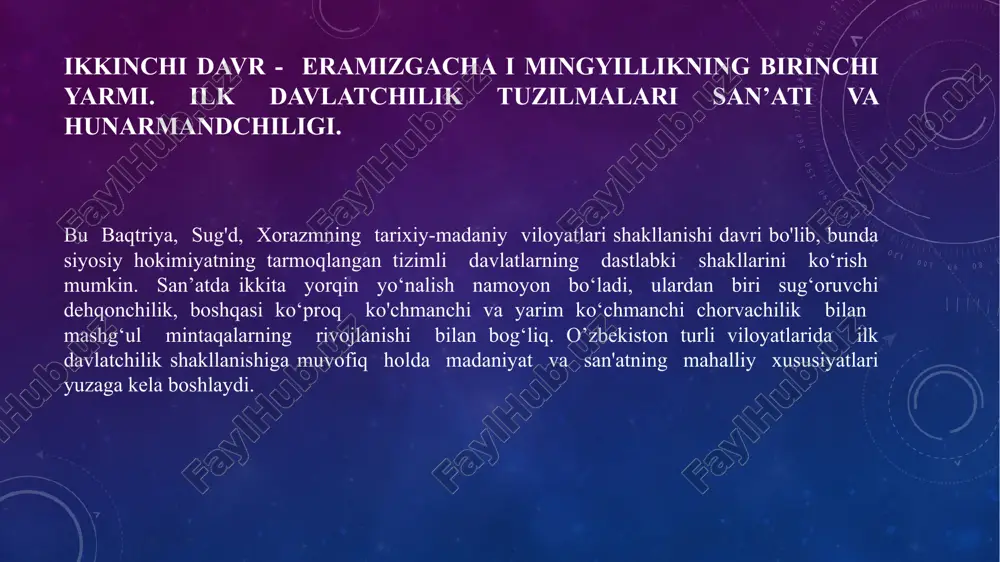 kazlari yuzaga keladi, ular o‘z ahamiyatini saqlab, xx asr san’atining umummilliy uslubiga asos solgan. sakkizinchi davr - xix oxiri va xx asr turkistonning rossiya davlati tomonidan mustamlakaga aylantirilgan va totalitar davlat davri madaniyati va san’ati xix asr keyingi asr estetika va san’atini tubdan o‘zgarishiga zamin yaratdi. xx asr san’ati umumiy ko‘p asrlik o ‘zbekiston madaniyati va san’ati tarixining uzviy bo‘g‘inlaridan biri hisoblanadi. ayni vaqtda bu davr badiiy madaniyati oldingi bosqichlar san’atidan keskin farq qiladi. teatr, rangtasvir, haykaltaroshlik, opera va balet, simfonik musiqa va kompozitorlik, kinematografiya va televideniye singari san’atning yangi noan’anaviy yevropacha shakllari yuzaga keladi va rivojlanadi. o‘tgan asrda o‘zbekistondagi badiiy jarayon murakkab va xilma-xil bo’lib, ichki jo ‘shqinlikka, davriy xususiyatlarga boy edi. to‘qqizinchi davr - 1991-yiidan hozirgacha. mustaqil o‘zbekiston davlati san’ati. milliy mustaqillik g‘oyalari va davlatimizning jahon hamjamiyatida qaror topishiga bo’lgan intilishlari madaniyat va san’atning juda ko‘p turlarida, shuningdek, xuddi temuriylar davridagidek, toshkent me’morchiligida ham o'zining eng yorqin moddiy-ma’naviy …