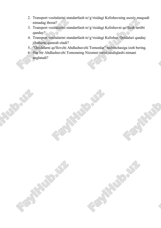 lardan foydalanishni taqiqlashlari mumkin. har bir ahdlashuvchi tomonning nizomni turini tasdiqlash yo‘li bilan qo‘llovchi vakolatli organlari har oy boshqa ahdlashuvchi tomonlarning vakolatli organlariga shu oy davomida ruxsat berishdan bosh tortgan yoki qaytarib olgan g‘ildirakli transport vositalari, jihozlar yoki ehtiyot qismlar ro‘yxatini etkazadi; bundan tashqari, boshqa ahdlashuvchi tomonning nizomni turini tasdiqlash yo‘li bilan qo‘llovchi vakolatli organining so‘roviga ko‘ra, ushbu vakolatli organga g‘ildirakli transport vositasini, asbob-uskunalarni ruxsat berish, rad etish yoki ruxsatnomani qaytarib olish to‘g‘risidagi qarorini tasdiqlovchi barcha tegishli ma’lumotlarni zudlik bilan yuboradi. yoki ushbu qoidalarga muvofiq qismlar. nazorat savollari 1. g‘ildirakli transport vositalari, g‘ildirakli transport vositalariga o‘rnatilishi va(yoki) qo‘llanishi mumkin bo‘lgan jihozlarning predmetlari va qismlari uchun yagona texnik ko‘rsatmalar qabul qilish va ushbu ko‘rsatmalar asosida beriladigan rasmiy tasdiqlashlarni o‘zaro tan olish shartlari to‘g‘risida kelishuv qachon va kaerda qabkl qilingan? 2. transport vositalarini standartlash to‘g‘risidagi kelishuvning asosiy maqsadi nimadag iborat? 3. transport vositalarini standartlash to‘g‘risidagi kelishuvni qo‘llash tartibi qanday? 4. transport vositalarini …