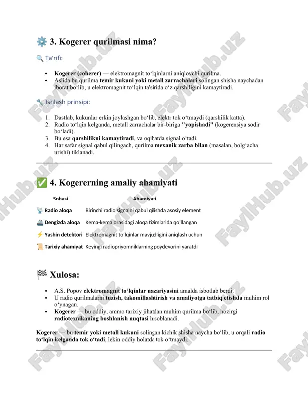 fc​−fm​) bu orqali modulyatsiya indeksi (m) signalning chastota spektridagi yon chastotalarning nisbiy kuchini belgilaydi. ✅ 7. eyler formulasi orqali am signal ifodasi eyler formulasi: am signal: endi kosinuslarni eyler orqali yozamiz: ya'ni am signalni kompleks sonlar orqali ifodalash — chastota spektrini tahlil qilishda va filtrlash, demodulyatsiya jarayonlarida muhim ahamiyatga ega. ✅ 8. am signalning umumiy quvvati am signalning umumiy quvvati: · p_c — tashuvchi signalning quvvati · m — modulyatsiya indeksi · p_total — modulyatsiyalangan signalning umumiy quvvati tahlil: · yon chastotalar umumiy quvvatning m²/2 qismiga teng. · shuning uchun ortiqcha modulyatsiyada energiya isrofi oshadi. ✅ 9. am modulyatsiyasining asosiy xususiyatlari va funksiyasi 🔑 asosiy xususiyatlar: xususiyat tavsif oddiy tuzilma generator va diod kifoya qiladi. tashuvchi mavjud tashuvchi signal doimo mavjud. yon chastotalar ikki yon chastotasi (usb va lsb). quvvatning katta qismi tashuvchiga ketadi, bu isrofgarchilik. tovush sifatini uzatish soddaligi uchun radioeshittirishda ishlatiladi. 🔢 am signal funksiyasi: bu ifoda: · …