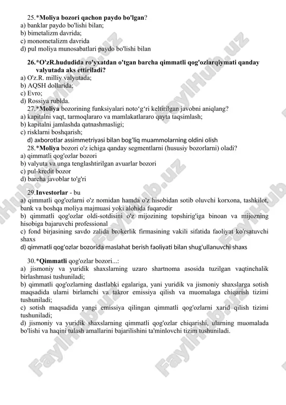 iladi 20. o‘zbekiston respublikasida qimmatli qog‘ozlar bilan dastlabki savdolar qachon amalga oshirilgan? { a. 1991 yil 19 noyabr b. 1991 yil 31 oktyabr c. 1996 yil 31 avgust 1992 yil 30 yanvar 21. qimmatbaxo qog‘ozlarning emissiyasi qimmatbaho qog‘ozlarning moliyalashtirish usuli bo‘lib hisbolanishi mumkinmi? { a. ha, bu investitsion loyihani moliyalashtirishning bir ko‘rinishi b. agar aksiya birlamchi qimmatli qog‘ozlar bozorda olinsa c. agar aksiya ikkilamchi bozorda olinsa d. yo‘q, bu moliyalashtirish turi 22. qimmatli qog‘ozlar, valyuta, sug‘urta polislariga mablag‘larning kiritilishi, bu… { a. nomoddiy aktivlar b. moliyaviy investitsiyalar c. passiv aktivlar d. moliyaviy aktivlar 23. emitent bu? { a. qimmatli qog‘ozlar chiqarish to'g'risidagi axborotnoma b. muomalaga bank biletlari, xazina biletlari, qogoz pullar va qimmatli qog‘ozlarni chiqarish demakdir c. qimmatli qog‘ozlarni chiqarishni ommaviy e’lon qilinishi d. qimmatli qog‘ozlar chiqaruvchi va ular yuzasidan qog‘ozlarning egalari oldida o’z nomidan majburiyatli bo’lgan yuridik shaxs yoki davlat organidir 24. ajlar emitent sifatida istagan turdagi qimmatli qog‘ozlarni …