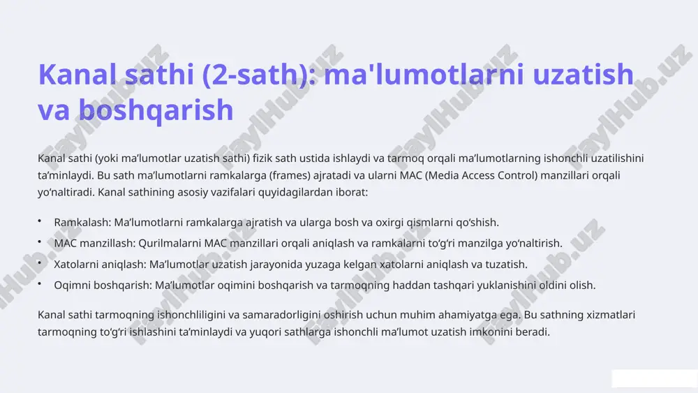 i. sessiya sathining asosiy vazifalari quyidagilardan iborat: seansni o‘rnatish: ilovalar o‘rtasida seansni o‘rnatish va autentifikatsiya qilish. seansni boshqarish: seansni boshqarish, ma’lumotlarni sinxronlashtirish va xatolarni tuzatish. seansni tugatish: ilovalar o‘rtasidagi seansni tugatish va resurslarni ozod qilish. sessiya sathi ilovalarning uzoqdagi qurilmalar bilan aloqa qilishini osonlashtiradi. bu sathning xizmatlari turli xil ilovalar, masalan, video konferensiya dasturlari va onlayn o‘yinlar uchun muhim ahamiyatga ega. 7 taqdim etish sathi (6-sath): ma'lumotlarni kodlash va formatlashtirish taqdim etish sathi ma’lumotlarni kodlash, shifrlash va formatlashtirish uchun javobgardir. bu sath ilovalarga turli xil formatlardagi ma’lumotlarni almashish imkonini beradi. taqdim etish sathining asosiy vazifalari quyidagilardan iborat: ma’lumotlarni kodlash: ma’lumotlarni turli xil formatlarga aylantirish, masalan, ascii, unicode va boshqalar. ma’lumotlarni shifrlash: ma’lumotlarni himoya qilish va ularning maxfiyligini ta’minlash. ma’lumotlarni siqish: ma’lumotlarni siqish va tarmoq orqali uzatish tezligini oshirish. taqdim etish sathi ma’lumotlarni turli xil ilovalar o‘rtasida almashish imkonini beradi. bu sathning xizmatlari ma’lumotlarning xavfsizligini va samaradorligini oshirish uchun muhim ahamiyatga …