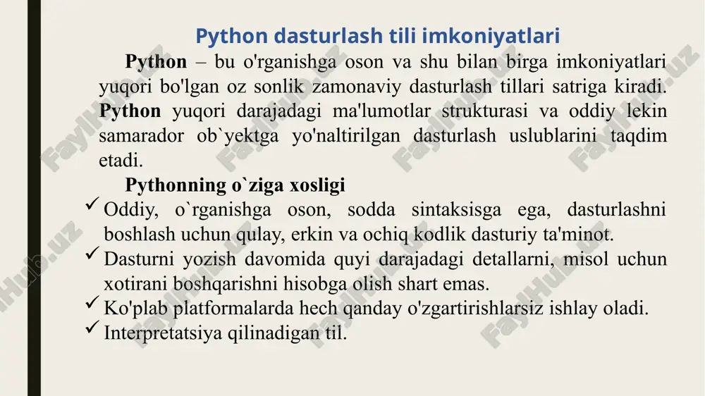 sh kerak bo’lsa nuqta verguldan foyadalanish mumkin va quyidagi misolda keltiriladi. 1-misol. bir nechta instrukisyani bir satrda qo’llash >>> x = 5; u = 10; z = x + u # uch instruksiya bir satrda >>> print (z) agar bir blok ichidagi probeller turlicha bo’lsa, xatolik kelib chiqadi. odatda to’rt probel yoki bitta tabulyatsiya belgisi bilan ajratiladi. agar blok bitta instruksiyadan ibotar bo’sa uni asosiy instruksiya bilan bir satrga joylashtirish mumkin. masalan: for i in range (l, 11) : print (i) print ("dastur tamom" ) yuqoridagi dasturni quyidagicha ham yozish mumkin: for i in range (l, 11) : print (i) print ("dastur tamom" ) izohlar dastur matnini tushintirish uchun foydalaniladi va dasturni izohlaydi. izohlar ihtiyoriy matn, ko’rsatalardan iborat bo’lishi mumkin va ular bajarilmaydi. ular dastur kodini o'qiyotganlar uchun foydali bo'ladi va dastur nima qilishini oson tushunishga yordam beradi. izohlarga yechimdagi muhim joylarni, muhim bo'lgan qismlarni yozish mumkin. pythonda bir satrli …