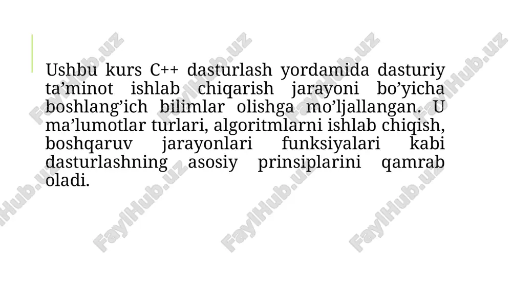 5.0e324 ... 1.7e308 8 bayt long double -3.4e4932 ... 1.1e4932 12 bayt ma'lumotlar tiplari qator xatto bo'sh ham bo'lishi mumkin (“”). bu tipdagi o'zgaruvchilarni e'lon qilish uchun string xizmatchi so'zidan foydalaniladi. string tipini ishlatish uchun maxsus kutubxona dasturning kodiga qo'shib olinadi. mantiqiy o'zgaruvchilar faqat true (rost) va false (yolg'on) qiymatlarining bittasinigina qabul qilishi mumkin. bu tip o'zgaruvchilarini e'lon qilish uchun bool hizmatchi so'zi ishlatiladi. hosilaviy tiplarni hosil qilish va ularni e'lon qilish yo'llarini kelgusi bo'limlarda to'liq tushuntirib o'tiladi. yuqorida sanab o'tilgan tiplar haqida to'liqroq ma'lumotlar keltirib o'tamiz. butun sonli tiplarga quyidagi tiplar kiradi: matematik standart funktsiyalar c++ dasturlash tilida matematik standart funktsiyalarni ishlatish uchun dasturga alohida kutubxonani chaqirilib olinadi. bu kutubxona math.h yoki cmath kalit so'zlari yordamida chaqiriladi. bu matematik kutubxonada matematika fanida ishlatiladigan barcha funktsiyalar berilgan. quyida keltirilgan jadvalda ba'zi matematik funktsiyalarni c++ dasturlash tilida yozilishi keltirilgan: matematik yozilishi c++ dasturlash tilida yozilishi matematik yozilishi c++ dasturlash tilida yozilishi …