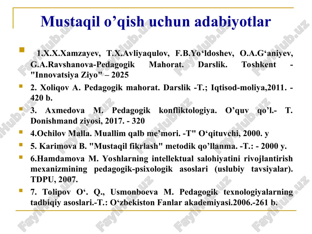 gik faoliyatning asosiy komponentlari bu maqsad, sub’ekt, vositalardir. pedagogning vazifasi bu elementlarni boshqarishdan iboratdir. pedagogik mahoratni shakllantirish mumkin. pedagogik oliy oʻquv yurtlarida birinchi kunlardan kasb tarbiyasiga alohida e’tibor berilishi zarur. boʻlajak oʻqituvchining shakllanishi ta’lim-tarbiya jarayonida amalga oshiriladi. asosiy oʻrinni psixologik-pedagogik fanlar tizimi egallaydi (pedagogika nazariyasi va tarixi, yangi pedagogik texnologiya, pedagogik mahorat, psixologiya). mutaxassislik fanlar fundamental bilim berish bilan birgalikda boʻlajak oʻqituvchini dunyoqarashini, metodologik bilimlarini shakllantiradi. pedagogik mahorat fanining asosiy tarkibiy qismlari va vazifalari pedagogik mahorat yaxlit tizim sifatida quyidagi tarkibiy qismlardan iborat boʻladi: - pedagog shaxsini insonparvarlik yoʻnalishiga ega boʻlishi, uning qiziqishlari, qadriyat yoʻnalishlari va ideallarining oliy maqsad-barkamol avlod tarbiyalashga yoʻnaltirilganligi; - mutaxassislik fanlari, oʻqitish metodikasi, pedagogika-psixologiyadan mukammal bilimga ega boʻlish; - pedagogik qobiliyatga ega boʻlish (muloqotga moyillik, ishchanlik, kelajakni tasavvur qila olish, kasbiy mustaqillik, sensor axborotlarni tezlik bilan anglash (yuzidan uqib olish); - pedagogik madaniyat va texnikani egallash, ya’ni oʻz-oʻzini boshqara olish, oʻzaro ta’sir etish va hamkorlikda ishlashni …