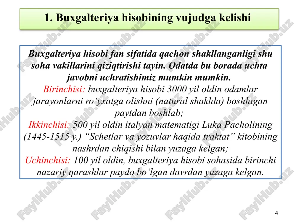5 3. «moliyaviy va boshqaruv hisobi» faniniing predmeti va asosiy tamoyillari hisoblash tamoyili pul oqimi haqidagi hisobotdan tashqari moliyaviy hisobotlar hisoblash printsipi asosida tuziladi. hisoblash printsipiga muvofiq aktivlar, passivlar, xususiy kapital, daromadlar, xarajatlar, xo'jalik operatsiyalari va hodisalar buxgalteriya hisobida ular bo'yicha pul mablag'lari va ularning ekvivalentlari olingan yoki to'langan paytda emas, balki ular sodir etilgan paytda aks ettiriladi 16 3. moliyaviy va boshqaruv hisobiiing asosiy tamoyillari (printsiplari) ikkiyoqlama yozuv usuli bilan hisob yuritish ikkiyoqlama yozuv usuli bilan hisob yuritish printsipi xo'jalik yurituvchi sub'ekt buxgalteriya operatsiyalarini ikkiyoqlama yozuv tizimi asosida ro'yxatga olishi kerakligini bildiradi. ikkiyoqlama yozuv tizimi shundan iboratki, bir operatsiya bo'yicha bir summa buxgalteriya hisobining ikki schyotida — birining debetida va ikkinchisining kreditida aks ettiriladi 17 3. moliyaviy va boshqaruv hisobiiing asosiy tamoyillari (printsiplari) uzluksizlik moliyaviy hisobotni uzluksizlik printsipi asosida tayyorlash xo'jalik yurituvchi sub'ekt doimiy harakat qilishini va aniq bo'lmagan uzoq muddat davomida o'z faoliyatini davom ettirishini, ya'ni xo'jalik yurituvchi …