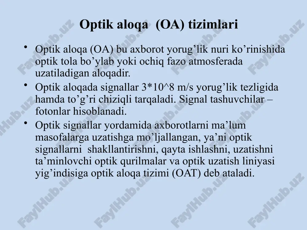 aloqa tizimlari stm-4 wdm multipleksorli tizimning tuzilish sxemasi nazorat savollari ortik signallarning qanday xususiyatlarini bilasiz? ortik aloqani qo’llanish sohalarini tushuntiring. oa tizimlari elektrik tizimlardan qanday xususiyatlari bilan farqlanadi? oa tizimlarining tuzilish rrintsirini tushuntiring. toa tizimlari qanday tuzilgan? ooa tizimlari qanday tuzilgan? plezioxron ierarxiyaning aloqa tizimlari. 8. sinxron raqamli ierarxiyaning optik aloqa tizimlari tavsiya etilgan adabiyotlar ro'yxati asosiy darsliklar va o'quv qo'llanmalar ro'yxati skvortsov b.v., ivanov v.i., kruxmalev v.v. i dr. opticheskie sistemi peredachi: uchebnik dlya vuzov/ pod red. ivanova v.i. – m.: radio i svyaz, 1994. v.i. ivanov, v.n. gordienko, g.n. popov, r.i. isaev i dr. tsifrovie i analogovie sistemi peredachi: uchebnik dlya vuzov/ pod red. v.i. ivanova.- 2-e izd. – m.: goryachaya liniya – telekom, 2003. mirazimova g.x. optik aloqa asoslari: o'quv qo'llanma/ t.f.n., dotsent r.i. isaev mas'ul muxarrirligi ostida. – tatu, 2006. qo'shimcha adabiyotlar ubaydullaev r.r. volokonno–opticheskie seti. - m.: eko – trendz, 2000. friman r. volokonno–opticheskie sistemi …