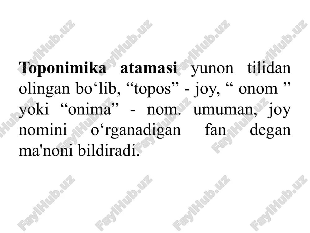 n. g’ijduvon misolida oladigan bo’lsak, uning nomining kelib chiqish tarixi yozma manba va adabiyotlarda, insonlar tafakkurida boshqa boshqa ma’nolarni ifodalaydi. ya’ni ayrim insonlardan olingan axborotlar manbalar bilan solishtirilganda bir biridan farq qiladi. abu bakr muhammad ibn ja’far an narshaxiyning memuar asarlardan bo’lmish “buxoro tarixi” asarida buxoro va unga qo’shilgan joylar haqida ta’rif berganda o’ndan ortiq toponimlarga ta’rif berar ekan aksariyat aholi yashaydigan joylarni katta qishloqlar deb tilga oladi 2. tabiiy-geografik omillar. bularga gidrooykonimlar, orooykonimlar, fitooykonimlar, zooykonimlar, antropooykonimlar, etnooykonimlar, xo’jalik faoliyatiga asoslangan oykonimlar, neooykonimlar kiradi. bular tarkibiga kiruvchi oykonimlar haqida keyingi paragraflarimizda kengroq to’xtalib o’tamiz. yana bundan tashqari toponimlarni lingo-geografik jihatdan ham o’rganish mumkin. bularni ham o’z tarkibida bir necha guruhlarga ajratib olamiz. masalan: so’g’diy, forsiy, turkey, arab, mo’g’ul, sobiq ittifoq davri toponimlari, mustaqillik davri toponimlari va boshqalar. 4. maxsus toponimik atamalar. makro, mezo va mikrotoponimlar va ularning o‘ziga xos xususiyallari. toponimikada ham boshqa fanlardagi kabi maxsus toponimik atamalar mavjud. uiarni …
