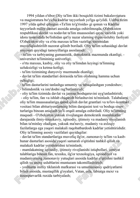 rilmoqda, o'quv yurtlarining tarmog'i kengaymoqda, universitet ta'limi rivojlanmoqda. bilimlarning yangi tarmoqlari bo'yicha kadrlar tayyorlash boshlab yuborildi, oliy maktabni ko'p bosqichli tizimga o'tkazish amalga oshirilmoqda. abituriyentlar va talabalarning bilim darajasini test va reyting asosida baholashning ilg'or usullari joriy etilmoqda. oliy malakali ilmiy va ilmiy-pedagog kadrlar sifatiga oshgan talablarga muvofiq doktoranturada kadrlar tayyorlash ishi kengaymoqda. oliy attestatsiya komissiyasi tashkil etildi. jami ilmiy va ilmiy – pedagog kadrlarni 8 foizini fan doktorlari va 37 foizini fan nomzodlari tashqil etadi. kadrlar malakasini oshirish va ularni qayta tayerlash tizimida 23 institut, 16 fakultet, 4 markaz va 14 malaka oshirish kurslari ishlab turibdi. iqtidorli bolalar va o'quvchi yoshlarni qo'lab-quvvatlash bo'yicha davlat siyosati sobitqadamlik bilan olib borilmoqda. iste'dodli o'smir va kizlarni izlab topish, ularga ko'maklashish, ularning qobiliyati va iste'dodini o'stirish bo'yicha maxsus fondlar tashqil etildi, qobiliyatli yoshlarni chet ellardagi yetakchi o'quv yurtlari va ilmiy markazlarda o'qitish va stajirovkadan o'tkazish yo'lga qo'yildi. fan va ta'lim sohasida halkaro aloqalar …