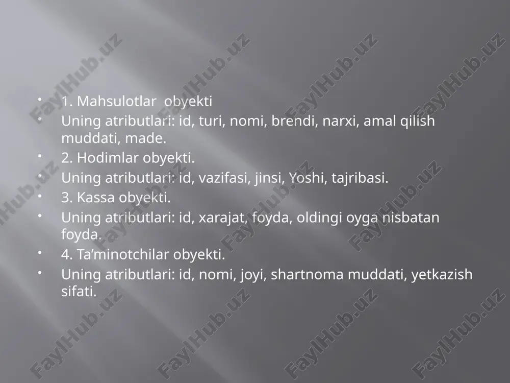 zlashtirilgan saqlanishi mavjudligi va ulaming tavsifi ba’zan so'rovlar tili (querylanguage) deb ataluvchi so'rovlarda tashkil etilgan umumiy uskunasi sifatida dml tilidan foydalanish imkonini beradi. so'rovlar tilining mavjudligi o'ziga xos faylli tizimlarni cheklanishlardan yo'qotish imkoniyatini beradi, unda foydalanuvchilarning fiksirlangan so'rovlar to'plami ustida ish olib borishlari yoki dasturiy ta’minotni boshqarishda ko'proq murakkab muammolar uchun doimiy ravishda yaratilayotgan dasturlar sonining oshishi nazarda tutiladi. dml tilining ikki xil turi mavjud - protsedurali va protsedurali bo'lmagan tillar. ular bir-biridan ma’lumotlardan ko'chirma olish usullari bilan farqlanadi. ular o'rtasidagi asosiy farq, protsedurali tillar odatda mb da ketma-ket ravishda axborotlarni qayta ishlaydi, protsedurali bo'lmagan tillar butun yozuvlar to'plamiga birdan operatsiyaga kirishadi. dml tili so’rovlari: select – amal bajaradigan jadvalimizni tanlash, ekranga chiqarish komandasi. sintaksisi esa quyidagicha: select *from // jadvalni to’liq chiqarish select from // jadval ustunlarini chiqarish insert – sql da barcha satrlar ushbu buyruq yordamida kiritiladi. sintaksisi esa quyidagicha: insert into values (“ustun_info”, “ustun_info”, … ); delete …