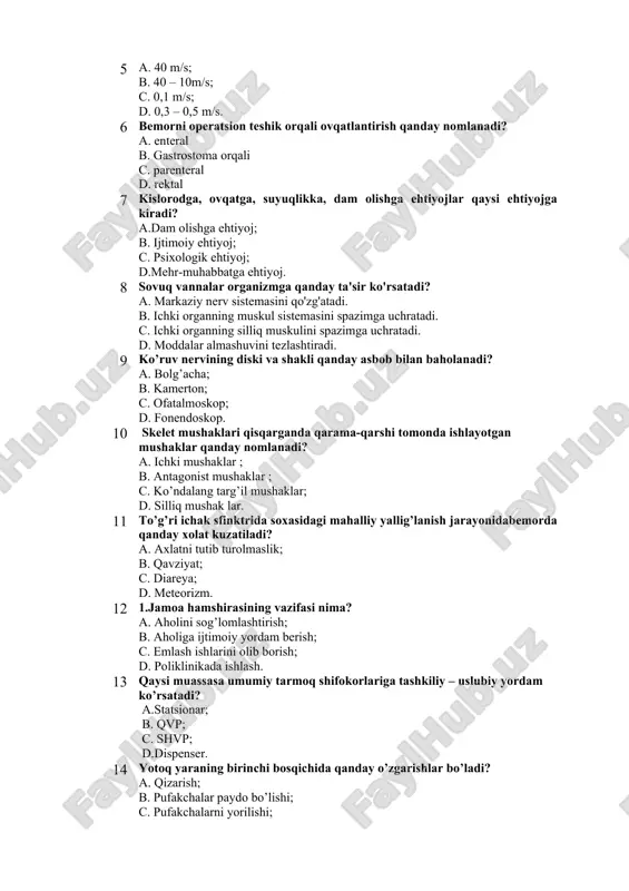 adi? a. ichki mushaklar ; b. antagonist mushaklar ; c. ko’ndalang targ’il mushaklar; d. silliq mushak lar. 11 to’g’ri ichak sfinktrida soxasidagi mahalliy yallig’lanish jarayonidabemorda qanday xolat kuzatiladi? a. axlatni tutib turolmaslik; b. qavziyat; c. diareya; d. meteorizm. 12 1.jamoa hamshirasining vazifasi nima? a. aholini sog’lomlashtirish; b. aholiga ijtimoiy yordam berish; c. emlash ishlarini olib borish; d. poliklinikada ishlash. 13 qaysi muassasa umumiy tarmoq shifokorlariga tashkiliy – uslubiy yordam ko’rsatadi? a.statsionar; b. qvp; c. shvp; d.dispenser. 14 yotoq yaraning birinchi bosqichida qanday o’zgarishlar bo’ladi? a. qizarish; b. pufakchalar paydo bo’lishi; c. pufakchalarni yorilishi; d. nekroz suyakkacha yetib borishi. 15 aholi sanitariya-oqartuv ishlarini ko’pchiligini qayerdan oladi? a. mahalladan; b. televideniya, radiodan; c. hamshiradan; d. telefondan. 16 ilmiy izlanishlarga ko’ra ayolning tug’ruq yoshi ….-….gacha bo’lishi har jihatdan maqsadga muvofiq. a. 20-35; b. 21-35; c. 22-36; d. 20-30. 17 teri kasalliklarini o’rganadigan fan nima deb ataladi? a. dermatologiya; b. venerologiya; c. fiziologiya; d. …