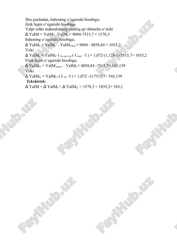m 50 5 oraliq iste’mol 9400 6 mahsulotga soliqlar 950 7 mahsulotga subsidiyalar 230 8 importga sof soliqlar 160 ishlab chiqarish hisoblama s ining asosiy k o‘ rsatkichlarini hisoblang: asosiy baholarda tovar va xizmatlarni yalpi ishlab chiqarish: yalpi ichk i mahsulot i shlab chiqarish hisoblama s ini tuzing. yechim: 1. yai = 1q + 2q + 3q + 4q= 11650 + 5390+ 1350 + 50 = 18 440 mlrd. s o‘ m. yaim = yai - oi + ss + iss = 18 440 - 9400 + (950 - 230) + 160 = 9920 mlrd. s o‘ m . 2. ishlab chiqarish hisoblamasi . foydalanish resurs lar 6. oraliq iste’mol 9400 1. asosiy baholarda tovar va xizmatlar yalpi ishlab chiqarishi 18 440 7. bozor baholarida yalpi ichki mahsulot (5 b - 6b ) 9920 2. mahsulotga soliqlar 950 3. mahsulotga subsidiyalar 230 4. importga sof soliqlar 160 5. bozor baholarida …