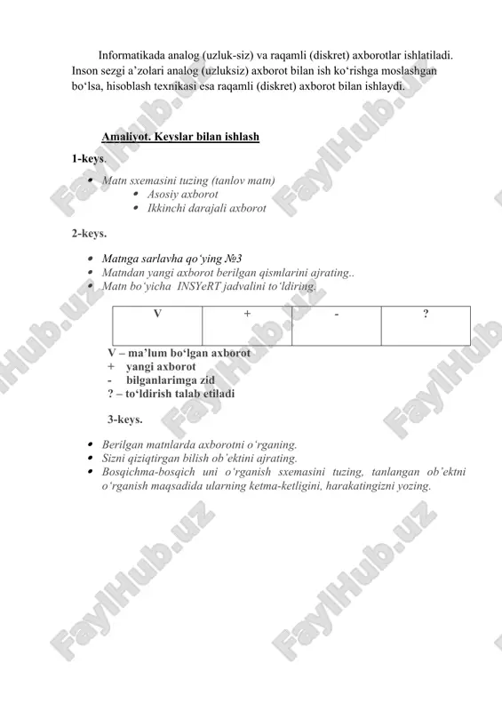 atadi. ingliz tilida bu atamaga computer science (kompyuter haqidagi fan) sinonimi mos keladi. informatika kompyuter texnikasining rivojlanishi tufayli yuzaga keldi, unga asoslanadi, usiz mavjud bo‘la olmaydi va o‘z navbatida uning rivojiga, yangilanishiga o‘z hissasini qo‘shadi. informatika – axborot texnologiyalari vositalari yordamida axborotni taqdim etish, qabul qilish, saqlash, unga ishlov berish, uzatish usullarini, ya’ni axboriy jarayonlarni va axborot texnologiyalari vositalarining faoliyat ko‘rsatish tamoyillarini, ularni boshqarish usullarini sistemali ravishda o‘rganuvchi fandir. informatikada analog (uzluk-siz) va raqamli (diskret) axborotlar ishlatiladi. inson sezgi a’zolari analog (uzluksiz) axborot bilan ish ko‘rishga moslashgan bo‘lsa, hisoblash texnikasi esa raqamli (diskret) axborot bilan ishlaydi. amaliyot. keyslar bilan ishlash 1-keys. · matn sxemasini tuzing (tanlov matn) · asosiy axborot · ikkinchi darajali axborot 2-keys. · matnga sarlavha qo‘ying №3 · matndan yangi axborot berilgan qismlarini ajrating.. · matn bo‘yicha insyert jadvalini to‘ldiring. v + - ? v – ma’lum bo‘lgan axborot + yangi axborot - bilganlarimga zid ? – …