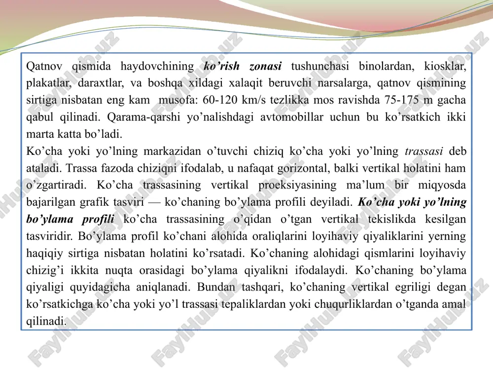 bo‘yicha bir qancha prinsipial sxemaga bo‘linadi. bu sxemalar toza holda uchramaydi, ularni o‘rniga kombinatsiyalar ishlatiladi. radial sxema - qadimiy shaharlarning markaziy qismlari tipik tarmog‘i. shaharning rivojlanishi va undagi qurilishning o‘sib borishi shahar yo‘llari bo‘ylab amalga oshgan. qal’a yoki bozorlar shahar markazi, ya’ni yadrosi hisoblangan. bunday sxema quyidagi qulaylik va kamchiliklarga ega: qulayligi - shahar markazi bilan oson bog‘lanish; kamchiligi - tumanlararo barcha transport markaz orqali o‘tadi. avtomobillar soni ortib bormasdan avval, uncha katta bo‘lmagan shaharlarda bu sxemada trasport muammosi bo‘lmagan. hozirgi davrga bu sxema umuman yaramaydi, faqat shaharning tarixiy qismlarida uchraydi. radial xalqasimon sxema - xalqali ko‘chalar radial ko‘chalar bilan to‘ldiriladi. ko‘pchilik hollarda xalqa ko‘chalar qal’a devorlari o‘rnida yuzaga kelgan. ushbu sxama radial sxemaning birmuncha yaxshilangan varianti hisoblanadi. bunday sxema shahar tarxlarida bizning davrimizgacha yetib kelgan. (10 rasm) to‘g‘ri burchakli sxema. o‘tgan asrda keng qo‘llanilgan bo‘lib, oldindan loyihalanib qurilgan shaharlarda uchraydi. unda magistrallar tizimi 90° ga yaqin bo‘lgan burchak ostida …