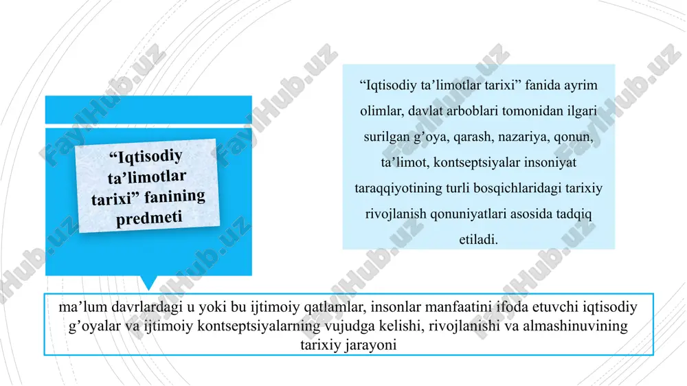 da nodir metallarni koʼproq toʼplash, taʼlimotda esa muomala (savdo, pul oboroti) sohasidagi iqtisodiy qonuniyatlarni izlashdir. klassik iqtisodiy maktab (xviii asr). ushbu iqtisodiy taʼlimot ichida fiziokratizm ham vujudga keldiki, uning umri uncha uzoq boʼlmadi. klassik maktab gʼoyalari hozirgi davrda ham turli shakllarda qayta namoyon boʼlmokda (neoklassik, liberal, neoliberal...). marksizm taʼlimoti (nobozor iqtisodiyot) ham tarixda muhim oʼrinni egallaydi. 1917 yilda boshlangan rossiyada marksizmni hayotga tadbiq etish jarayoni samarasiz tugadi. keyinchalik shu yoʼlga oʼtgan bir qancha mamlakatlarda ham eksperiment samarasiz yakunlandi. marjinalizm (xix asr 2-yarmi) avvalgi gʼoyalarga, marksizmga muholif ravishda vujudga kelgan va ushbu umumlashtirilgan taʼlimot zamonaviy iqtisodiy gʼoyalarning asosi hisoblanadi. lekin shuni ham alohida taʼkidlab oʼtish kerakki, biror taʼlimot doimo sof holda amalda deyarli qoʼllanilmaydi. har bir taʼlimotning koʼplab turli oqim va yoʼnalishlari mavjud. odatda sof erkin bozor munosabatlari deyarli uchramaydi. bozor munosabatlarining unsurlari, ular oʼrtasidagi nisbat ham doimo oʼzgarib turadi. marjinalizm xx asrning 90-yillarida «sotsialistik» deb atalgan va iqtisodiyoti maʼmuriy-buyruqbozlikka asoslangan …