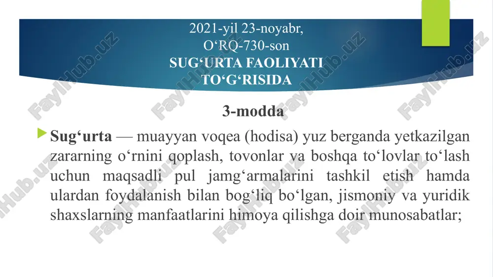 lardan fuqarolarni ximoyalash javobgarlik sug‘urta fuqarolik javobgarligi sug‘urtasi (transport egalari, sanoat va kurilish - montaj korxonalari, tovar ishlab chikaruvchilar va boshkalar); kasbiy javobgarligini suturtalash (vrach, yurist, xisobchilar va x.k.) tadbirkorlik sohasida xavf — xatar suturtasi tadbirkorlik tavakkalchiligini sug‘urtalash moliya tavakkalchiligini sug‘urtalash asosiy adabiyotlar 1. abduraxmonov i., abduraimova m., abdullaeva n. sug‘urta nazariyasi va amaliyoti. darslik. –t.: iqtisod-moliya, 2019. – 420 b. 2. anisimov a. yu. straxovoe delo: uchebnik i praktikum dlya spo. – m.: izdatelstvo yurayt, 2018. – 186 s. 3. maslova t. meditsinskoe straxovanie grajdan. novshestva, vozmojnosti vibora. – m.: bibliotechka rg, 2014. – 192 s 4. yuldashev o., zakirxodjaeva sh. hayot sug‘urtasi. o‘quv qo‘llanma. –t.: iqtisod-moliya, 2019. –384 b. 5.shennaev x.m., ochilov i.k., shirinov s.e., kenjaev i.g‘. sug‘urta ishi. o‘quv qo‘llanma.t.: iqtisod-moliya, 2018. 247 b. qo‘shimcha adabiyotlar “o‘zbekiston respublikasini yanada rivojlantirish bo‘yicha harakatlar strategiyasi to‘g‘risida”gi o‘zbekiston respublikasi prezidentining 2017 yil 7 fevraldagi pf-4947-sonli farmoni. abduraxmonov i. sug‘urta nazariyasi …