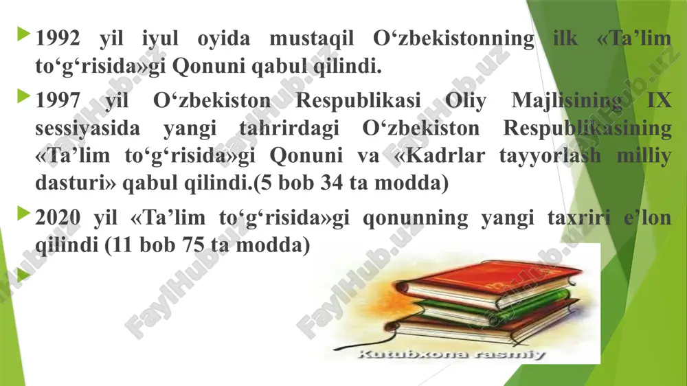 katta yoshdagilarni o‘qitish va ularga ta’lim berish; inklyuziv ta’lim; eksternat tartibdagi ta’lim; mudofaa havfsizlik va huquqni muhofaza qilish faoliyati sohasida kadrlar tayyorlash dual ta’lim ta’lim oluvchilar tomonidan zarur bilim, malaka va ko‘nikmalarni olishga qaratilgan bo‘lib, ularning nazariy qismi ta’lim tashkiloti negizida, amaliy qismi esa ta’lim oluvchining ish joyida amalga oshiriladi. eksternat tartibidagi ta’lim olish o‘quv dasturini mustaqil ravishda o‘zlashtirishni o‘z ichiga olib, uning yakunlari bo‘yicha ta’lim oluvchilardan davlat ta’lim muassasalarida yakuniy va davlat attestatsiyalaridan o‘tishni talab etadi. e’tiboringiz uchun raxmat. image1.png image2.png image3.png /docprops/thumbnail.jpeg