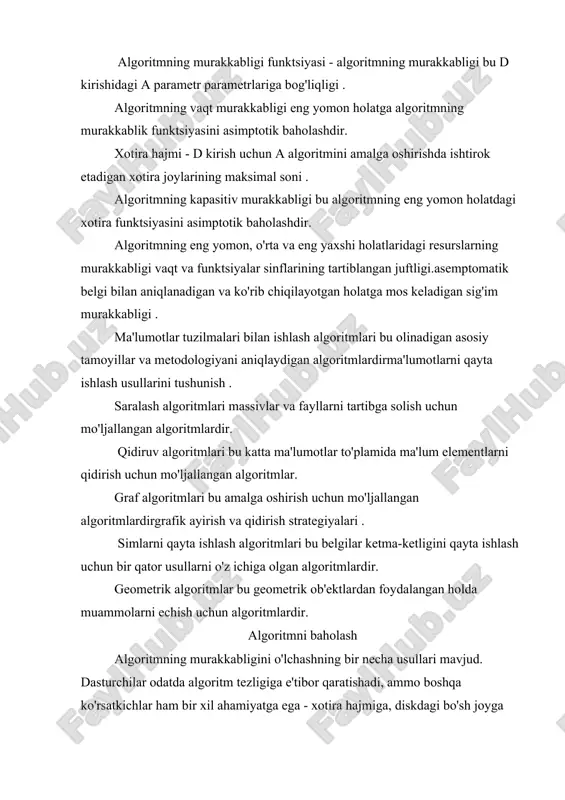 tm yaxshiroq ekanligini aniq aytish mumkin emas. umumiy holda, algoritmning murakkabligini kattalik tartibida baholash mumkin. agar kirish ma'lumotlarining o'lchamlari oshgani sayin, algoritmning bajarilish vaqti f (n) funktsiyasi bilan bir xil tezlikda oshsa, algoritmda o (f (n)) murakkablik bor. a [nxn] matritsasi uchun har bir satrda maksimal elementni topadigan kodni ko'rib chiqing. for i:=1 to n do begin max:=a[i,1]; for j:=1 to n do begin if a[i,j]>max then max:=a[i,j] end; writeln(max); end; ushbu algoritmda i o'zgaruvchisi 1 dan n.gacha o'zgaradi, i ning har bir o'zgarishi bilan birga, j o'zgaruvchisi ham 1 dan n ga o'zgaradi. tashqi aylanishning har bir n takrorlanishida ichki pastadir ham n marta bajariladi. ichki pastadir takrorlanishlarining umumiy soni n * n dir. bu o (n ^ 2) algoritmining murakkabligini aniqlaydi. algoritmning murakkablik tartibini taxmin qilishda faqat eng tez o'sadigan qismdan foydalanish kerak. vazifalar aylanishi n ^ 3 + n ifodasi bilan tasvirlangan deb taxmin qiling. bunday holda, …