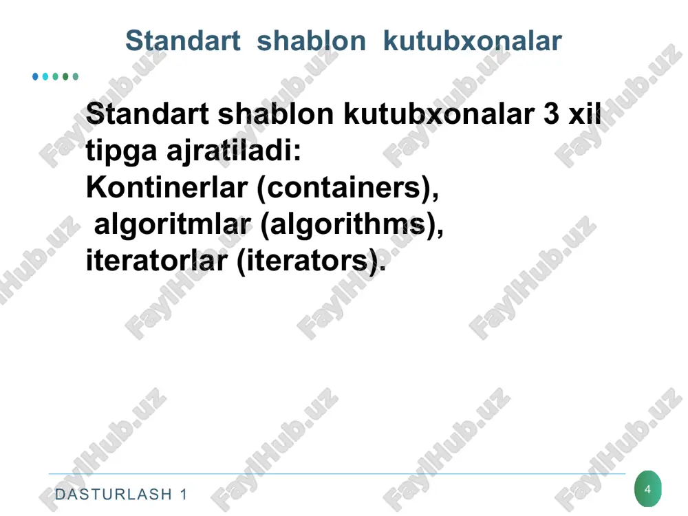 t () funktsiyasi vektorning belgilangan joyidan boshlanadigan bir yoki bir nechta elementni qo'shadi. pop_back () funktsiyasi vektordan so'nggi elementni olib tashlaydi. bundan tashqari, vektor klassi uchun odatiy taqqoslash operatorlari aniqlangan. dasturlash 1 vektorni konteyner sifatida ishlatishga misol: 16 #include #include using namespace std; int main() { //sozdaem vektor nulevoy dlini vector v; int i; //pomeshenie znacheniy v vektor for (i=0; i #include using namespace std; int main() { // int tipida vektor kontinerini yaratish vector vec; int i; // vec o’lchamini olish cout ::iterator v = vec.begin(); while( v != vec.end()) { cout sarlavxa fayliga murojaat qilamiz. tavsif array mass1; ushbu misol mass1 massivini e'lon qiladi, int turi, 10 ta element hajmi. massivdagi elementlar soni aniqlanganligi sababli, bu qiymat o'zgaruvchan bo'lishi mumkin emas. dasturlash 1 array shablonlari sinfi. 24 iteratorlarni initsializatsiya qilish. iterator diapa-zonlarini begin () va end () funktsiyalari yordamida olish mumkin, ammo endi sinf usullari sifatida. muayyan turni …