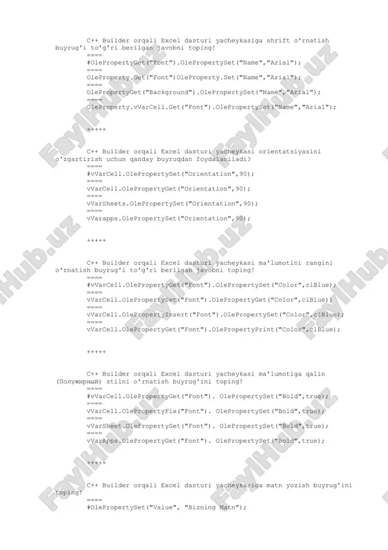 pertyfix("font"). olepropertyset("bold",true); ==== vvarsheet.olepropertyset("font"). olepropertyset("bold",true); ==== vvarapps.olepropertyget("font"). olepropertyset("bold",true); +++++ c++ builder orqali excel dasturi yacheykasiga matn yozish buyrug'ini toping! ==== #olepropertyset("value", "bizning matn"); ==== olepropertyget("value", "bizning matn"); ==== oleproperty("value", "bizning matn"); ==== oleproperty("value", "bizning matn"); +++++ c++ builderda label komponentasida matn chiqarish uchun qanday amallar bajariladi? ==== #label1->caption = “matn”; ==== edit1-> text = “matn”; ==== label1->text = “matn”; ==== edit1-> caption = “matn”; +++++ c++ builderda edit1 komponentasida matn chiqarish uchun qanday amallar bajariladi? ==== #edit1-> text = “matn”; ==== label1->caption = “matn”; ==== label1->text = “matn”; ==== edit1-> caption = “matn”; +++++ c++ builderda adotable yordamida jadvaldagi birinchi yozuvga o’tish funksiyasini toping: ==== #adotable1->first( ); ==== adotable1->last( ); ==== adotable1->prior( ); ==== adotable1->post( ); +++++ c++ builderda int tipida ‘a=5, b=8, c=a+b; ’ o’zgaruvchilari berilgan, "c" o’zgaruvchini label1 komponentasida chiqarish uchun qanday amallar bajariladi? ==== #label1->caption=inttostr(c); ==== label1->caption=c; ==== label1->caption=floattostr(c); ==== label1->caption=strtoint(c); +++++ c++ builderga joylangan button1 komponentasini …