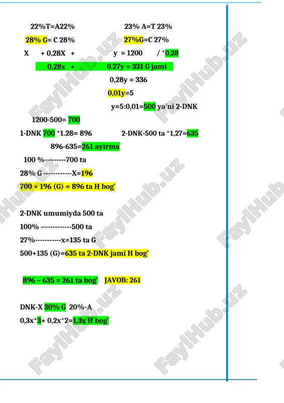28% g= c 28% x + 0,28x + 0,28x + 23% a=t 23% 27%g=c 27% y = 1200 / *0,28 0,27y = 331 g jami 0,28y = 336 0,01y=5 y=5:0,01=500 ya’ni 2-dnk 1200-500= 700 1-dnk 700 *1.28= 896 2-dnk-500 ta *1,27=635 896-635=261 ayirma 100 %---------700 ta 28% g ------------x=196 700 + 196 (g) = 896 ta h bog’ 2-dnk umumiyda 500 ta 100% -------------500 ta 27%-----------x=135 ta g 500+135 (g)=635 ta 2-dnk jami h bog’ 896 – 635 = 261 ta bog’ javob: 261 dnk-x 30% g 20%-a 0,3x*3+ 0,2x*2=1,3x h bog’ 18. hayvonlar qon aylanish sistemasining qaysi qismlarida arterial (a) va venoz (b) qon bo‘ladi? 1) yo‘rg‘a tuvaloqning o‘pka venasida; 2) chuchuk suv shillig‘ining yurak qorinchasida; 3) biyning yuragida; 4) xumboshning qorin aortasida; 5) lansetnikning orqa aortasida; 6) krevetkaning orqa qon tomirida a) a - 2, 4; b – 5 v) a - 1, 3; b - 4, 5 …