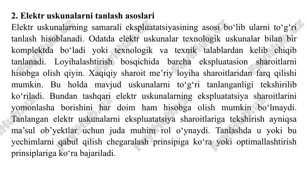 atda ishlashi, ta'mirlash ehtiyojlari kam bo'lishi katta ahamiyatga ega. 5. ekologik mezonlar: uskuna atrof-muhitga minimal zarar yetkazadigan, kam chiqindi chiqaradigan va qayta ishlash imkoniyatiga ega bo‘lishi kerak. 6. taqqoslash va test qilish: turli ishlab chiqaruvchilar va modellarning xususiyatlarini taqqoslab ko‘rib, sinov natijalariga asoslanib, eng samarali va ratsional uskunani tanlash tavsiya etiladi. mazkur mezonlarga asoslanib, elektr uskunani ratsional tanlash uzoq muddatda tejamkor va qulay yechim bo‘ladi. 4. kuchlanish bo‘yicha elektr uskunalarni tanlash kuchlanish bo‘yicha elektr uskunalarni to‘g‘ri tanlash elektr tizimlarining samarali va xavfsiz ishlashini ta’minlash uchun juda muhim. elektr uskunalarni tanlashda bir nechta asosiy omillar e’tiborga olinishi lozim: kuchlanish darajasi: elektr uskunasi ishlaydigan kuchlanish darajasini aniqlab oling. masalan, past kuchlanish (380/220 v) yoki yuqori kuchlanish (10 kv va yuqori). kuchlanish darajasi nomuvofiq bo‘lsa, uskunaning ish faoliyati buzilishi yoki xavfli holatlar yuzaga kelishi mumkin. tok kuchini hisobga olish: uskunaning maksimal tok kuchi qanchalik yuqori bo‘lishi mumkinligini aniqlash zarur. agar tok kuchi e’tiborga …