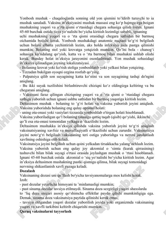 shni ta ’minlaydigan yetarlicha muskul massasiga ega emas; - gepatit v va qutirishga qarshi vaksinalar dumba sohasiga yuborilsa, kamroq immunogen hisoblanadi; - doimiy in’eksiya joyida sonning oldingi o‘rta miyasida joylashgan neyro tomir boylami sohasining rivojlanish xavfi yo‘q. sonning yon mushagi - chaqaloq tanasining holati va in’eksiya yuborish joyini aniqlash. yonbosh mushak - chaqaloqlarda sonning old yon qismini to’ldirib turuvchi to ia mushak sanaladi. vaksina in’eksiyasini mushak massasi eng ko‘p hajmga ega boigan mushakning yuqori va o‘rta qismi o‘rtasidagi chegara sohasiga qilish lozim. ignani 45-60 burchak ostida tizza yo‘nalishi bo‘yicha kiritish lozimligi sababli, ignaning uchi mushakning yuqori va o ‘rta qismi orasidagi chegara sathidan bir barmoq oichamida boiishi kerak. yonbosh mushakdagi anatomic nuqtani to‘g‘ri belgilash uchun bolani albatta yechintirish lozim, aks holda infeksiya juda pastga qilinishi mumkin. bolaning stol yoki krovatga yotqizish mumkin. qo’lni bola - chanog‘i sohasiga ko‘ndalang qo‘yish, katta va o ‘rta barmoq bilan mushakni ushlab olishi kerak. bunday …