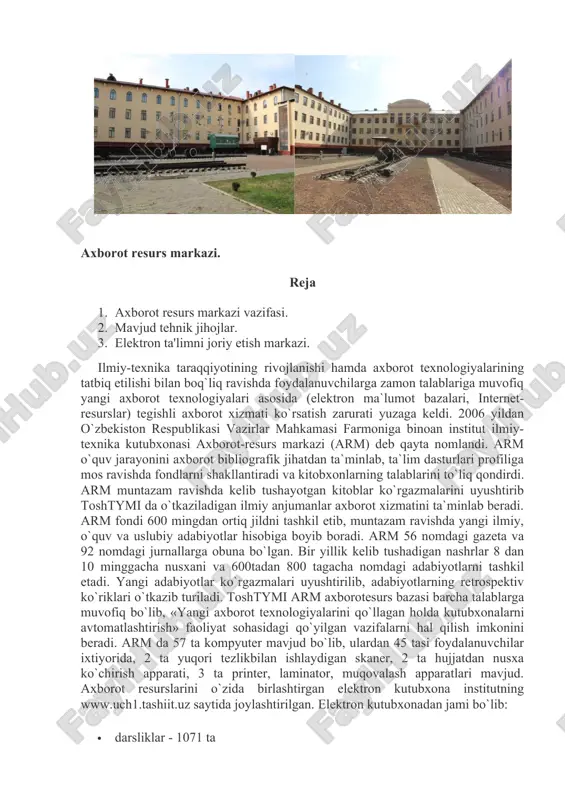 alabalar o‘quv poligonida, ishlab chiqarishda mavjud bo‘lgan turli xil maxsus o‘lchov asboblaridan foydalangan holda temir yul izi texnik holatini kompleks o‘lchash yuzasidan amaliy ko‘nikmalar oladi. · “mutaxassislikka kirish”, “strelka va signallarni teleboshqarish”, “temir yo‘l transportida avtomatika va telemexanika”, “avtomatika, telemexanika va aloqa” fanlarida strelka elektr yuritmasi tuzilishi va ishlash prinsipi, manevr svetofori tuzilishi va ishlash prinsiplari o‘rganiladi. o‘quv poligonida “ssb va aloqa” ilmiy tadqiqot laboratoriyasida ishlab chiqilayotgan temir yo‘l avtomatika va telemexanika mikroelektron qurilmalarini tadqiq qilishda poligondagi qurilmalardan foydalaniladi. shuningdek, o‘quv poligoni abiturientlarni kasbga yo‘naltirish uchun xizmat qiladi. axborot resurs markazi. reja 1. axborot resurs markazi vazifasi. 2. mavjud tehnik jihojlar. 3. elektron ta'limni joriy etish markazi. ilmiy-texnika taraqqiyotining rivojlanishi hamda axborot texnologiyalarining tatbiq etilishi bilan boq`liq ravishda foydalanuvchilarga zamon talablariga muvofiq yangi axborot texnologiyalari asosida (elektron ma`lumot bazalari, internet-resurslar) tegishli axborot xizmati ko`rsatish zarurati yuzaga keldi. 2006 yildan o`zbekiston respublikasi vazirlar mahkamasi farmoniga binoan institut ilmiy-texnika kutubxonasi axborot-resurs markazi …