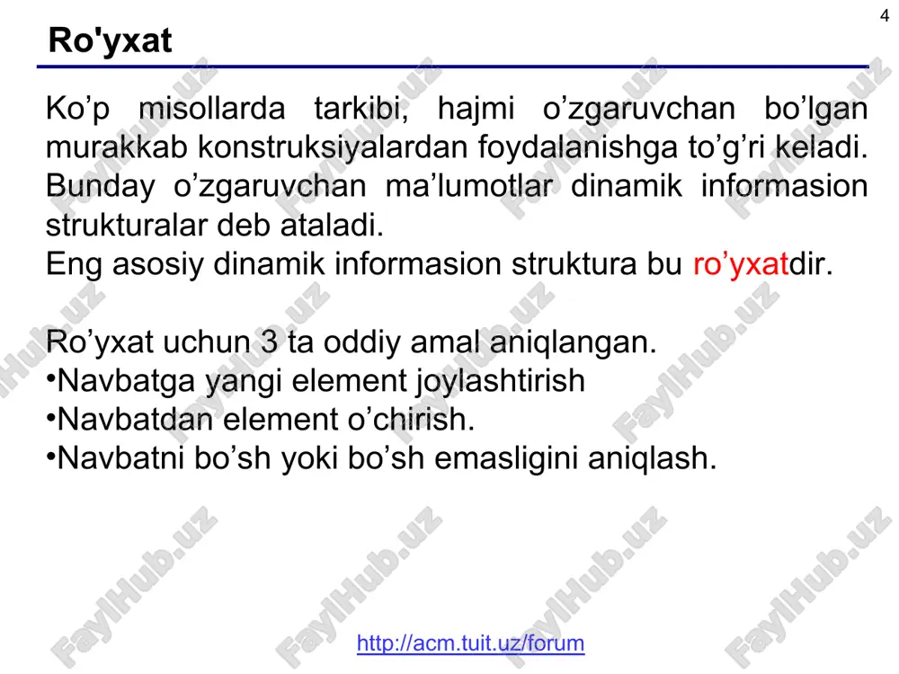 mi va so’z berilganga teng emasmi * * yangi so’z qayerga qo’shiladi? masala: nayti uzel, pered kotorim nujno vstavit, zadannoe slovo, tak chtobi v spiske soxranilsya alfavitniy poryadok slov. funktsiya findplace: vxod: slovo (simvolnaya stroka); vixod: adres uzla, pered kotorim nujno vstavit eto slovo ili null, esli slovo nujno vstavit v konets spiska. pnode findplace ( pnode head, char newword[] ) { pnode q = head; while ( q && strcmp(newword, q->word) > 0 ) q = q->next; return q; } > 0 slovo newword stoit po alfavitu do q->word * * tugunni o’chirish void deletenode ( pnode &head, pnode p ) { pnode q = head; if ( head == p ) head = p->next; else { while ( q && q->next != p ) q = q->next; if ( q == null ) return; q->next = p->next; } delete p; } while ( q && q->next != p …