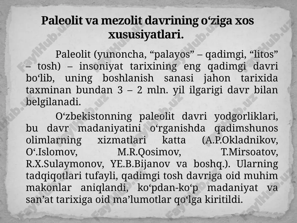 lkaning neolit yodgorliklarini uchta yirik – hududiy-madaniy ho’jalik shakllariga ajratish mumkin. fanda ular kaltaminor, hisor va joytun madaniyati nomi bilan mashhurdir. ularning har biri alohida geografik muhitga ega bo’lgan erlarga joylashgan. kaltaminor madaniyati sopol buyumlari suyakdan ishlangan qurollar joytun madaniyatiga xos qurollar neolit davri sopol buyumlaridagi naqshlar ma’naviy madaniyat bilan bog’liq buyumlar eneolit davriga o‘tish ishlab chiqaruvchi kuchlarning yanada yuksalganligini ko‘rsatadi. misdan ishlangan qurollar tosh qurollarga nisbatan ancha takomillashgan bo‘lsada, lekin og‘ir qurollar yasash uchun mis yaroqsiz bo‘lgan. shu sababdan, eneolit davri kabilalari tosh qurollardan ham keng foydalanganlar. mis va tosh qurollarning birgalikda ishlatilishi qadimgi xo‘jalik tarmoqlarining rivojlanishida katta ahamiyatga ega bo‘lgan. eneolit davrining o‘ziga xos xususiyatlari.. eneolit makonlari birinchi bo’lib ikki daryo oralig’i va misrda vujudga kelgan. arxeologlar eneolit davriga xos bo’lgan 5 umumiy birlashtiruvchi alomatni ajratib ko’rsatadilar: ho’jalikning hamma turidan ko’ra motiga bilan qilinadigan dehqonchilikning ustunligi; chaqmoqtosh qurollar ko’p bo’lishi bilan birga mis qurollarining paydo bo’lishi. katta-katta ibtidoiy …