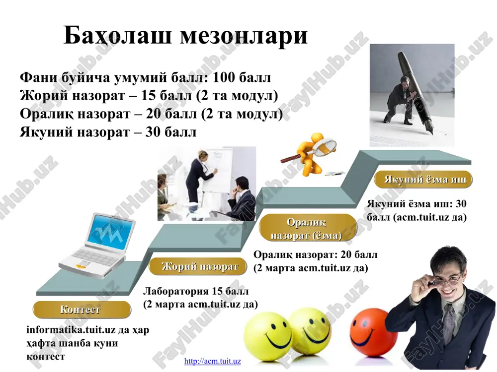 d \0 birinchi parametr konstanta bo'lishi mumkin emas! ! * satrlarni nusxalash bitta satrni ichidan nusxalash char q[10] = "012345"; strcpy ( q, q+2 ); //2345 q char q[10] = "012345"; strcpy ( q + 2, q ); //01012323 strcpy ( q + 3, q ); //0120123123 q http://acm.tuit.uz 0 1 2 3 4 5 \0 ¤ ¤ ¤ 2 3 4 5 \0 0 1 2 3 4 5 \0 ¤ ¤ ¤ 0 1 2 3 2 3 * satrlarni birlashtirish strcat (string concatenation) = birinchi satr oxiridan ikkinchi satrni qo'shadi char q1[10] = "qwe", q2[10] = "0123"; strcat ( q1, q2 ); //qwe0123 q2 q1 char q1[10] = "qwe", q2[10] = "0123"; strcat ( q1, q2+2 ); //qwe23 q2 q1 http://acm.tuit.uz q w e \0 ¤ ¤ ¤ ¤ ¤ ¤ 0 1 2 3 \0 ¤ ¤ ¤ ¤ ¤ 0 1 2 3 \0 q …