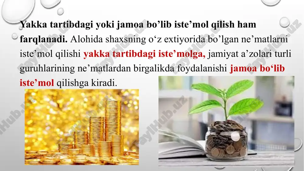 ar, jismoniy va huquqiy shaxslarning boshqa to’lovlari); —davlat byudjeti mablag’lari; —chet elliklar mablag’lari. investitsiya darajasiga kutilayotgan sof foyda normasi va foiz stavkasidan tashqari boshqa quyidagi omillar ham ta’sir ko'rsatadi. 1. mashina va uskunalarni xarid qilish, ishlatish va ularga xizmat ko'rsatish xarajatlari. 2. tadbirkorlardan olinadigan soliq miqdori. 3. texnologik o'zgarishlar. yalpi sarflar tarkibining investitsiya sarflariga oid qismi yalpi xususiy ichki investisiyalar deb yuritiladi. shunga ko'ra yalpi va sof investitsiyalarni ham bir-biridan farqlash zarur. yalpi investitsiyalar joriy yil davomida iste’mol qilingan asosiy kapitalni qoplashga mo'ljallangan (amortizatsiya) hamda iqtisodi- yotdagi kapital hajmiga har qanday sof qo'shimchalardan iborat barcha investitsion tovarlarni ishlab chiqarishni o'z ichiga oladi. sof investitsiyalar esa joriy yil davomida qo'shimcha ravishda jalb qilin­gan investitsion tovarlardan iborat. boshqacha aytsak, sof investit­siya yalpi investitsiya bilan amortizasiya ajratmalarining ayirmasiga teng. sof investitsiya asosiy va aylanma kapitalning o'sishini ta’minlaydi. e’tiboringiz uchun rahmat image2.png image3.png image4.jpeg image5.jpeg image6.jpeg image7.jpeg image8.jpeg image9.png image10.jpeg image11.jpeg image12.jpeg image13.jpeg image14.jpeg …