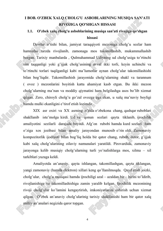 qayd etish joizki, cholg’ular, cholg’u musiqasi hamda ijrochiligi azal – azaldan bir – birini to’ldirib, rivojlanishiga va takomillashishiga zamin yaralib kelgan. ijrochilik mezonining rivoji cholg’ular ko’lamini kengaytirish, imkoniyatlarini oshirish uchun xizmat qilgan. o’zbek an’anaviy cholg’ularinig tarixiy shakllanishi ham bir qator xalq milliy an’analari negizida qaror topgan. kasbiy musiqaning ijodiyoti va uning rivoji aynan cholg’ular bilan chambarchas bog’liqligini qayd etib o’tish lozimdir. chunonchi, mumtoz ijodiyot cholg’ularning mukammallik xususiyatlarini namoyish etibgina qolmay, ularning rivojiga ham o’z ta’sirini ko’rsatib kelgan. shu bois, cholg’ular va cholg’u musiqasi an’analari o’zining shakllanish davri, ya’ni qadim zamonlardan xalq musiqa madaniyatining asosiy omillaridan biri sifatida muhim ahamiyat kasb etib kelgan. xx asrga kelib xalq ijrochilik amaliyotida ommalashgan cholg’ularni o’rganib tadqiq etishga e’tibor kuchaydi. buni abdurauf fitrat o’zining ijodida boshlab berib, qimmatli ma’lumotlarni bayon etadi. shundan so’ng musiqashunos olimlar cholg’ushunoslik ilmining rivojida bir qator samarali tadqiqotlar olib boradilar. v.belyayev, f.karomatov, t.s.vizgo, a.malkeevalar shular jumlasidan bo’lib, ular o’rta osiyo musiqa …