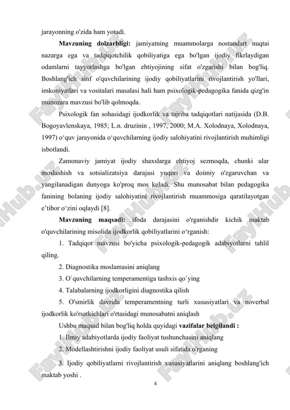 hasi​​​ asosiy psixologik yangi shakllanishlarni tahlil qilish va ushbu davrdagi etakchi faoliyatning mohiyati , o'rganishni o'rganadigan ijodiy jarayon sifatida tashkil etishning zamonaviy talablari talabalar o'qituvchi bilan birgalikda ma'lum ma'noda o'zlarini quradilar ;​​​​​​​​​​​​​​bu yoshda faoliyatga yo'naltirilganlik va uni o'zgartirish usullari nafaqat bilish jarayonida , balki muayyan ob'ektlarni , vaziyatlarni , hodisalarni yaratish va o'zgartirish kabi faoliyat turlarida ham ijodiy tajriba to'plash imkoniyatini nazarda tutadi .​​​​​​​​​​​​​ o'qitish jarayonida olingan bilimlarni ijodiy qo'llash​​​​​ ushbu muammo bo'yicha psixologik - pedagogik adabiyotlarda ijodiy faoliyat turlariga ta'riflar berilgan .​​ ​​​​ idrok – “ ... o‘quvchining bilimlarini shakllantiruvchi ijodiy faoliyat jarayoni sifatida tushuniladigan o‘quv faoliyati .​​​​​​ [19. c . 525] transformatsiya - " ... yangi o'quv va maxsus bilimlarni olish uchun rivojlantiruvchi asos bo'lib xizmat qiladigan asosiy bilimlarni umumlashtirish bo'lgan talabalarning ijodiy faoliyati . [21. c . 64] yaratish – “ ... oʻquvchilar oʻzlari oʻqiyotgan sohalarda taʼlim mahsulotlarini qurishni oʻz ichiga olgan ijodiy faoliyat . [21. bilan. …