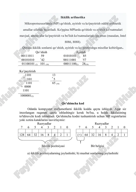 (-3) 1111 1101 (+4) 100000100 perepolnenie 8-bitli registrning to'lib ketishi tufayli "1" tashlanadi va biz natijaga erishamiz: 0000 0100(2) t.e, “+4(10)” endi "+3" va "-8" raqamlarini qo'shing. qo'shimcha kodda bu raqamlar shunday ko'rinadi: +3(10)=0000 0111(2) i -8(10)=1111 1101(2). 1 son (+3) 0000 0011 + + 2 son (-8) 1111 1000 (-5) 1111 1011 kompyuterda raqamlarni joylashtirish raqamlarni kompyuterda ikki usulda joylashtirish mumkin: 1. tabiiy ko'rinish, ya'ni. oddiy nuqta bilan; 2. oddiy ko'rinish, ya'ni. suzuvchi nuqta. doimiy nuqta shaklidagi sonlar, butun sonni kasr qismidan ajratib turuvchi nuqta har doim harakatsiz turadi. masalan, oʻnlik sistemalarda . agar butun qism 5 ta raqam bilan, kasr qismi 5 ta raqam bilan ajratilsa, bu raqamdagi raqamlar quyidagicha yoziladi: +00721,35500 +00000,00325 -10211,20260 raqamlarni yozishning bu shakli juda oddiy va tabiiydir, lekin raqamlar diapazoni kichikdir. shuning uchun bu shakl hisob-kitoblarni amalga oshirish uchun mos emas. misol uchun, raqamlarni ko'paytirishda, butun qismda to'lib ketish paydo bo'lishi mumkin, keyin …