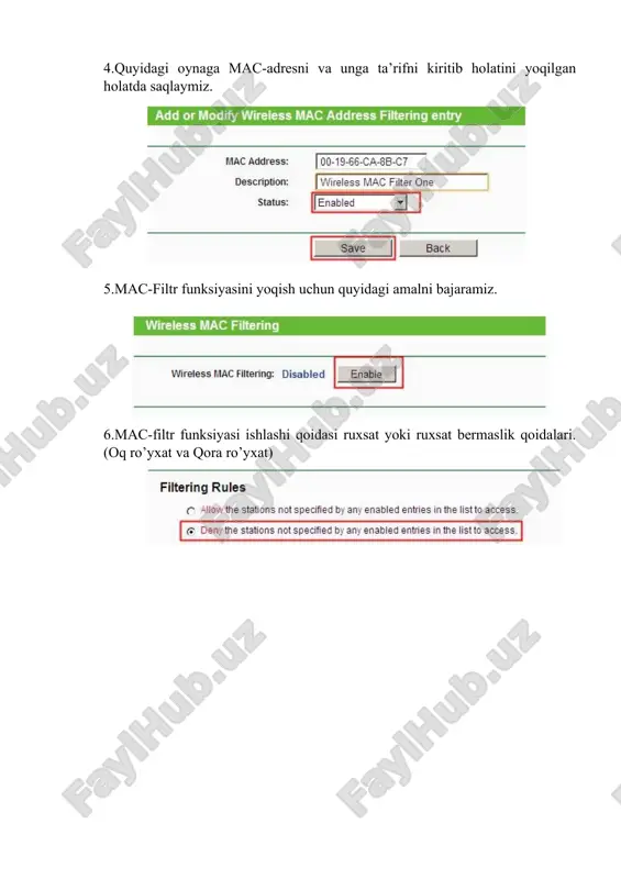 s” qismiga o’tiladi. 3. “wireless mac filter” tanlanadi. 4. “enabled” belgilanadi. 5. mac 01 oynaga birinchi kompyter mac manzili kiritiladi. jarayon yakunlangach saqlash tugmasi bosiladi. natija birinchi kompyuter simsiz routerga ulana olmay qoladi. 2.wi-fi simsiz tarmog‘ini parol bilan himoyalash ushbu xavfsizlik sozlamalari tp-link marshrutizatorlarida shunday ko‘rinadi. wpa2 - personal (aes) eski qurilmalar (wi-fi adapterlari, telefonlar, planshetlar va boshqalar), ulanish bilan bog‘liq muammolar yuzaga kelganda aralash rejim (avtomatik) o‘rnatilmasligi mumkin. ko‘pincha parolni yoki boshqa himoya sozlamalarini o‘zgartirgandan so‘ng, qurilmalar tarmoqqa ulanishni xohlamasligini sezaman. kompyuterlarda " parametri seti, soxranennie na etom kompyutere, ne sootvetstvuyut trebovaniyam etoy seti " degan xato bo‘lishi mumkin. qurilmadagi tarmoqni yo‘q qilishga (unutishga) va qayta ulanishga harakat qiling. parol (kalit) wpa psk xavfsizlik va shifrlash usulining qaysi turini tanlamasangiz ham, siz parolni o‘rnatishingiz kerak. shuningdek, u wpa kaliti, simsiz parol, wi-fi tarmog‘ining xavfsizlik kaliti va boshqalar. parol uzunligi 8 dan 32 belgigacha. lotin alifbosidagi harflar va raqamlardan foydalanishingiz …