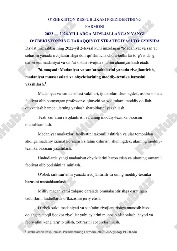 antirishga munosib hissa qo‘shgan atoqli ijodkor ziyolilar yubileylarini munosib nishonlash, hayoti va faoliyatini keng targ‘ib qilish, xotirasini abadiylashtirish. respublika hududida joylashgan madaniy meros obyektlarini saqlash, restavratsiya va konservatsiya qilish bilan bog‘liq kompleks tadbirlarni amalga oshirish. aholi, ayniqsa, olis hududlarda istiqomat qiladigan fuqarolarga madaniy dam olish xizmatlari ko‘rsatish darajasini oshirish, respublikaning barcha hududlarida teatr, sirk va boshqa turdagi ommaviy-madaniy va konsert-tomosha tadbirlarini tizimli ravishda yo‘lga qo‘yish, madaniyat va san’at sohasida iste’dodli yosh ijodkorlarni izlab topish va qo‘llab-quvvatlash, ta’lim muassasalarini milliy cholg‘ular, musiqa darsliklari, notalar to‘plamlari va o‘quv-metodik adabiyotlar bilan ta’minlashning yaxlit tizimini yaratish maqsadida, shuningdek, 2022 — 2026-yillarga mo‘ljallangan yangi o‘zbekistonning taraqqiyot strategiyasini “inson qadrini ulug‘lash va faol mahalla yili”da amalga oshirishga oid davlat dasturiga muvofiq: 1. 2022/2023 o‘quv yilidan boshlab ta’lim muassasalarida o‘quvchi va talabalarning musiqiy bilim va ko‘nikmalarini oshirish, ularning qalbida milliy madaniyatga bo‘lgan muhabbatni shakllantirish, yosh iste’dodlarni aniqlash va qo‘llab-quvvatlashga qaratilgan quyidagi chora-tadbirlar amalga oshirilishi belgilansin: a) umumiy …