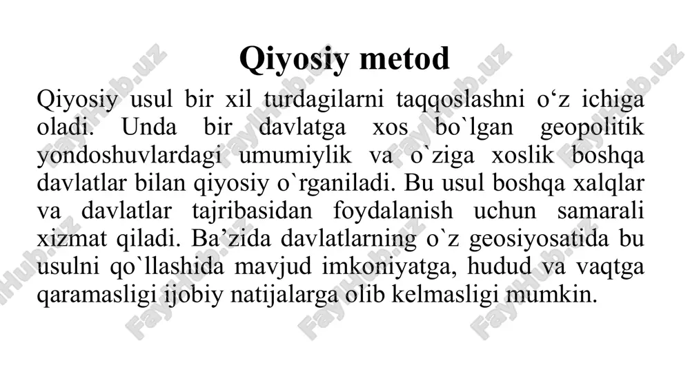 “foiz” tushunchasidir. davlat va millat manfaatlari nima ekanligini bilgan holda mamlakatning umumiy strategik yo‘nalishini aniqlash funksiyasi nazarga tutiladi. davlat (milliy) manfaatlarning mazmuni quyidagilardan shakllanadi: - mamlakatning geografik joylashuvining o'ziga xos xususiyatlari; - ichki siyosiy, ijtimoiy-iqtisodiy vaziyat; - milliy-madaniy sivilizatsiya xususiyatlari; – mamlakatning xalqaro hamjamiyatdagi nufuzi darajasi. konsolidatsiya birlashuv vazifasi dunyo xalqaro hayotning globallashuvini boshdan kechirmoqda. odamlar va muassasalar o'z mustaqilligini yo'qotar ekan, ular tobora ko'proq: o'z manfaatlarini himoya qilish, psixologik qulaylikka erishish, o'zlari mansub bo'lgan jamoalarga (etnik, diniy, sinfiy va h.k.) tortilishga intilishmoqda. globallashuv davrida - millatning o'z-o'zini saqlash, rivojlanish va xavfsizlikka bo'lgan ongli ehtiyoji ortib boradi. aholini tashqi tahdidlar va ichki tartibsizliklardan, ekologik ofatlardan va hokazolardan himoya qilishda. globallashuv jarayoni etnik konsolidatsiyani keltirib chiqaradi. ozchiliklar, hatto o'rnatilgan xalqlarni ham tabaqalashtirib, ularning ko'proq siyosiy avtonomiyaga, etnik tozalashga va hokazolarga intilishlarini uyg'otadi va kuchaytiradi. zamonaviy geosiyosatning asosiy qoidalari: - hech bir davlat o'zini o'zi anglay olmaydi, global tuzilishdan qat'i nazar, geosiyosiy …