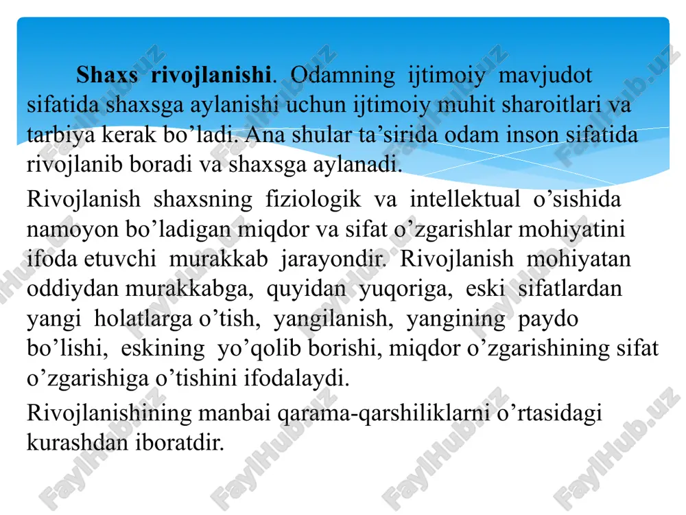 uning fikrini bola rivojlanishi qonunlari nuqtai nazaridan tanqidiy tahlil qiling. quyidagi pedagogik vaziyatli masalalarni o’qing, unga javob bering va javobingizni izohlang. . ona shunday deydi: «men bolaning rivojlanishi uchun unga u ishlata oladigan turli buyumlarni berish kerak, deb eshitgan edim. shu sababli uch yashar o’g’limning stol ustidan, shkafdan turli narsalarni olishiga ruxsat beraman. unga tez-tez yangi o’yinchoqlar sotib olaman. lekin u ko’p o’tmay bu buyumlarni har yoqqa otib tashlaydi va xonada kaltak ko’tarib chopib yurishni hamma narsadan yaxshi ko’radi. men o’g’limning bu borishida yaxshi rivojlanishiga ishonmayman. nimada xato qilayotganimni bilmayman.» onaning xatosini va bolani rivojlantirish uchun turli buyumlardan qanday foydalanish kerakligini uqtiring. 2- masala rivojlanishning yosh va o’ziga xos xususiyatlari. muayyan bir yosh davriga xos bo’lgan anatomik, fiziologik (jismoniy) va psixologik xususiyatlar yosh xususiyatlari deb ataladi. bolaning jismoniy va psixik kamoloti quyidagi davrlarga bo’linadi: 1.go’daklik davri – chaqaloqlik (1 oy) davri tugagandan to bir yoshgacha bo’lgan davr. 2. bog’chagacha bo’lgan …