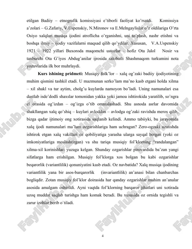 o-ogzaki uzatishda ishtirok etgan xalq vakillari oz qobiliyatiga yarasha ularga sayqal bergan (yoki oz imkoniyatlariga moslashtirgan) va shu tariqa musiqiy fol’klorning “randalangan” xilma-xil korinishlari yuzaga kelgan. shunday ozgarishlar pirovardida ba’zan yangi sifatlarga ham erishilgan. musiqiy fol’klorga xos bolgan bu kabi ozgarishlar beqarorlik (variantlilik) qonuniyatini kasb etadi. oz navbatida? xalq musiqa ijodining variantlilik yana bir asos-barqarorlik (invariantlilik) an’anasi bilan chanbarchas bogliqdir. zotan musiqiy fol’klor doirasida har qanday ozgarishlar muhim an’analar asosida amalgam oshirildi. ayni vaqtda fol’klorning barqaror jihatlari uni xotirada uzoq muddat saqlab turishga ham komak beradi. bu xususida oz ornida tegishli va zarur izohlar berib o`tiladi. i bob. noyob musiqiy cholg‘ularining ta’rifi 1.1. o’zbek musiqasi tarixi. o‘zbek xalqining musiqa madaniyati ko‘p asrlik tarixga ega, ko‘pgina sozanda va xonandalar avlodining faoliyatida qaror topgan xalq hamda og‘zaki an’anadagi ustozona musiqa san’ati bu haqda guvohlik beradi. moddiy madaniyat yodgorliklarining tasdiqlashicha, bugungi 0 ‘zbekiston hududida markaziy osiyo xalqlarining ajdodlari yaratgan qadimgi svilizatsiya mavjud bo‘lgan. …