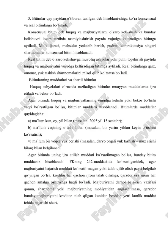 b yetti kunlik muddat ichida bajarishi shart. shartli bitim deb taraflar o`rtasida tuziladigan bitimning amalga oshirilishi yoki bekor bo`lishi, biron-bir shartga bog`lab qo`yilishiga aytiladi. shartli bitimlar ikki xil ko`rinishda bo`ladi: a) sharti kechiktirilgan; b) bekor bo`lish sharti bilan tuzilgan bitimlar. fk 104-moddasining birinchi qismida aytilganidek, agar taraflar huquq va burchlarning kelib chiqishini yuz berishi yoki bermasligi noma`lum bo`lgan holatga bog`liq qilib qo`ysalar, bitim sharti kechiktirish sharti bilan tuzilgan hisoblanadi. aytaylik, uy egasi turar joyni ijaraga berilishini o`g`lining ma`lum vaqtga boshqa shaharga o`qishga ketishi sharti bilan bitim tuzadi, agar o`g`li boshqa shaharga ketmasa, bunda taraflar o`rtasida hech qanday huquq ham, majburiyat ham vujudga kelmaydi. fk 104-moddasining ikkinchi qismi bekor bo`lish sharti bilan tuzilgan bitimni ta`kidlaydi. unda ko`rsatilishicha, agar tarafning huquq va burchlarining bekor bo`lishining yuz berishi yoki bermasligi noma`lum holatga bog`liq qilib qo`ysalar, bunday bitim bekor bo`lish sharti bilan tuzilgan bitim hisoblanadi. masalan, turar joyni ijaraga beruvchi fuqaro muayyan bir hol …
