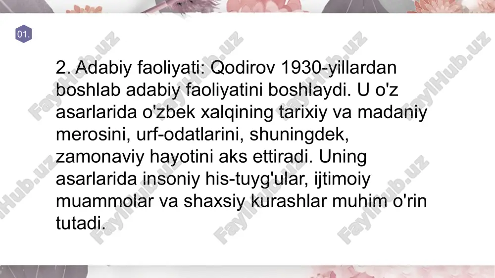ari asosida bir qator videofilmlar suratga olingan va spektakllar sahnalashtirilgan, eng sara asarlari dunyoning ko‘plab tillariga o‘girilgan. 01. xulosa pirimqul qodirov o'zbek adabiyotida o'ziga xos o'rin tutadi. uning asarlari, o'zbek xalqining tarixiy va madaniy merosini, shuningdek, zamonaviy hayotini aks ettiradi. qodirovning ijodi, o'zbek adabiyotining rivojiga katta hissa qo'shgan va u o'z zamonasining eng muhim adabiyot namoyandalaridan biri sifatida tanilgan. u 1970-yilda vafot etgan, lekin uning asarlari va merosi bugungi kunda ham o'z ahamiyatini yo'qotmagan. test savollari 1. pirimqul qodirov qachon tug'ilgan? - a) 1900-yil - b) 1910-yil - c) 1920-yil - d) 1930-yil 2. qodirovning eng mashhur asarlaridan biri qaysi? - a) "yulduzlar" - b) "o'tkan kunlar" - c) "qizil gul" - d) "o'zbekiston" 3. pirimqul qodirov qaysi shahar tug'ilgan? - a) toshkent - b) samarqand - c) qo'qon - d) buxoro 4. qodirov qaysi janrda asarlar yozgan? - a) poema - b) roman - c) drama - d) barcha …