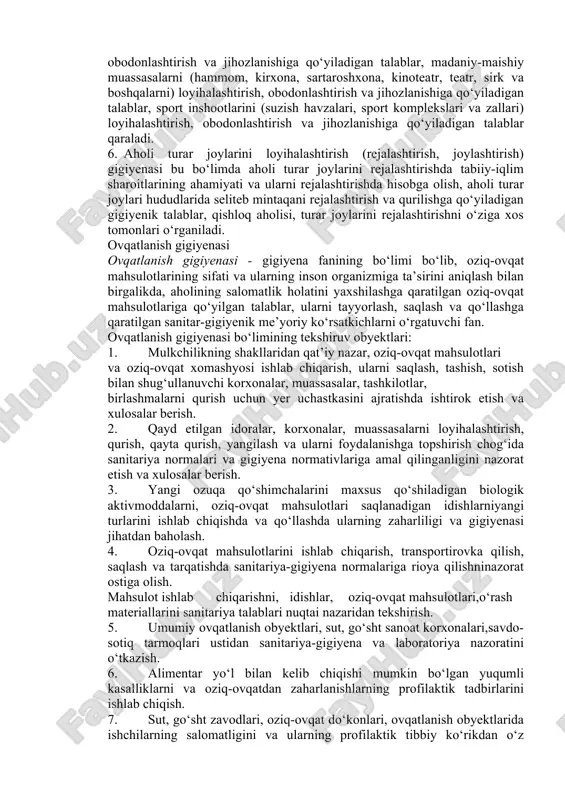 ni turg‘un saqlash maqsadida chiqindi-oqava suvlarini tushirilishiga qo‘yiladigan gigiyenik talablar o‘rganiladi. 3. tuproqning sanitariya himoyasi va aholi turar joylarini sanitariya tozalash gigiyenasi. bu bo‘limda tuproqni kimyoviy va biologik moddalar bilan ifloslanish shart-sharoitlari o‘rganiladi. ifloslantiruvchilarni tuproq orqali yer osti suvlarga, atmosfera havosiga, o‘simliklarga o‘tib inson salomatligiga va turmush sharoitiga ta’sir ko‘rsatishi o‘raganiladi. bo‘limda yana suyuq chiqindilarni sanitar tozalashga qo‘yiladigan gigiyenik talablar ham o‘rganiladi. 4. atmosfera havosini sanitariya muhofazalash gigiyenasi. bu bo‘limda atmosfera havosini ifloslanishining qanday darajasi aholi salomatligiga zararsiz ekanligi, aholi turmushining sanitar-maishiy sharoitlarni buzmaydigan holati, aholi turar joylari havosi tarkibida ifloslantiruvchilarning gigiyenik me’yoridan oshib ketish darajasini vujudga kelishini oldini olish maqsadida atmosfera havosini ifloslantiruvchi manbalarni joylashtirishga va ishlatilishiga qo‘yiladigan gigiyenik talablar o‘rganiladi. 5. turar joy, umumjamoa, madaniy-maishiy va davolash profilaktika muassasalari gigiyenasi. bunda turar joy binolari ichki omillarining inson uchun optimal darajasi (havo harakati, nisbiy namlik, havo harorati, xonaning radiatsion rejimi), davolash profilaktik muassasalarini loyihalashtirish, obodonlashtirish va jihozlanishiga qo‘yiladigan talablar, …